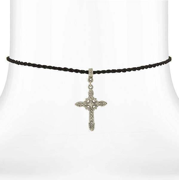 Symbols Of Faith Vintage Style Silver Cross Pendant Black Rayon Cord Necklace 15" + 3" Extender