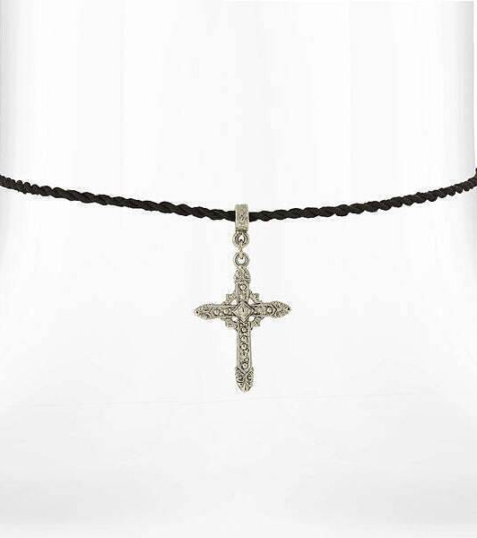 Symbols Of Faith Vintage Style Silver Cross Pendant Black Rayon Cord Necklace 15" + 3" Extender