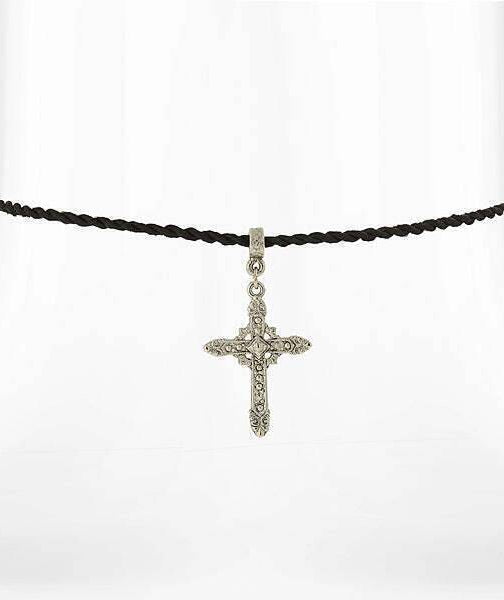 Symbols Of Faith Vintage Style Silver Cross Pendant Black Rayon Cord Necklace 15" + 3" Extender