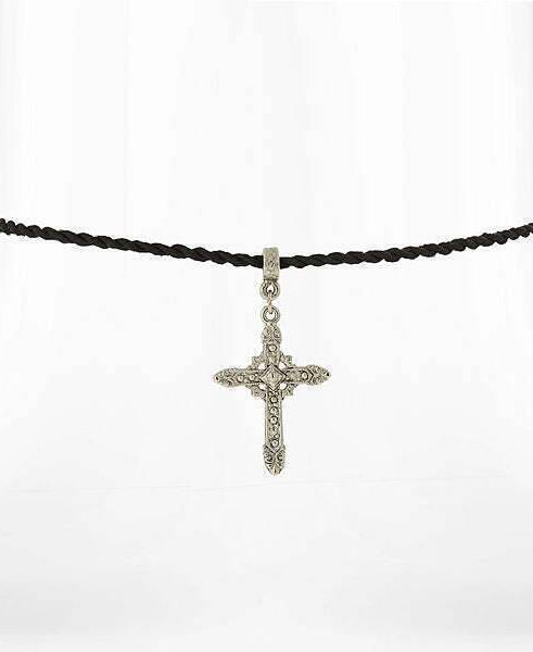 Symbols Of Faith Vintage Style Silver Cross Pendant Black Rayon Cord Necklace 15" + 3" Extender