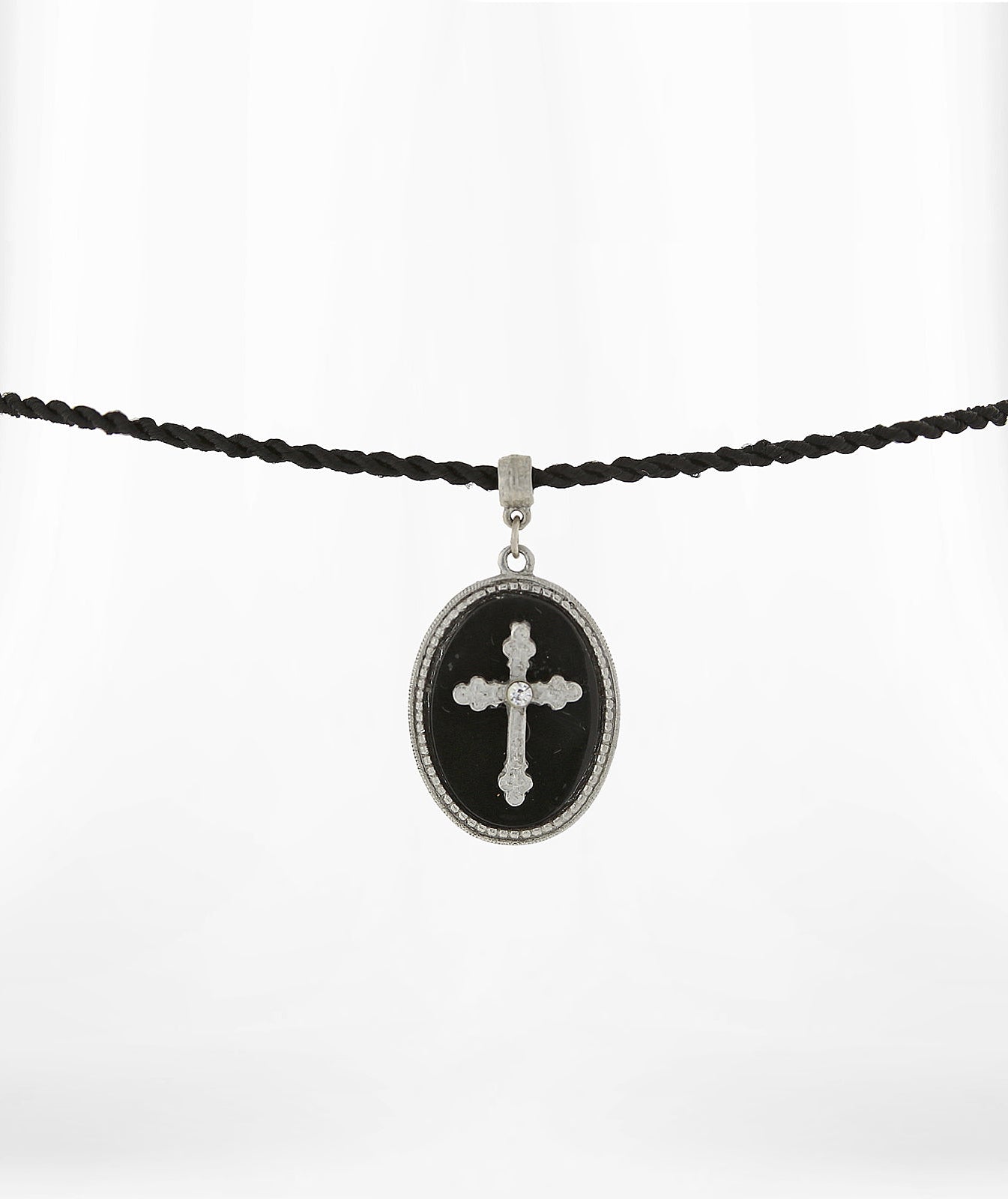 Symbols Of Faith Black Oval Stone Cross Pendant Necklace 15" + 3" Extension