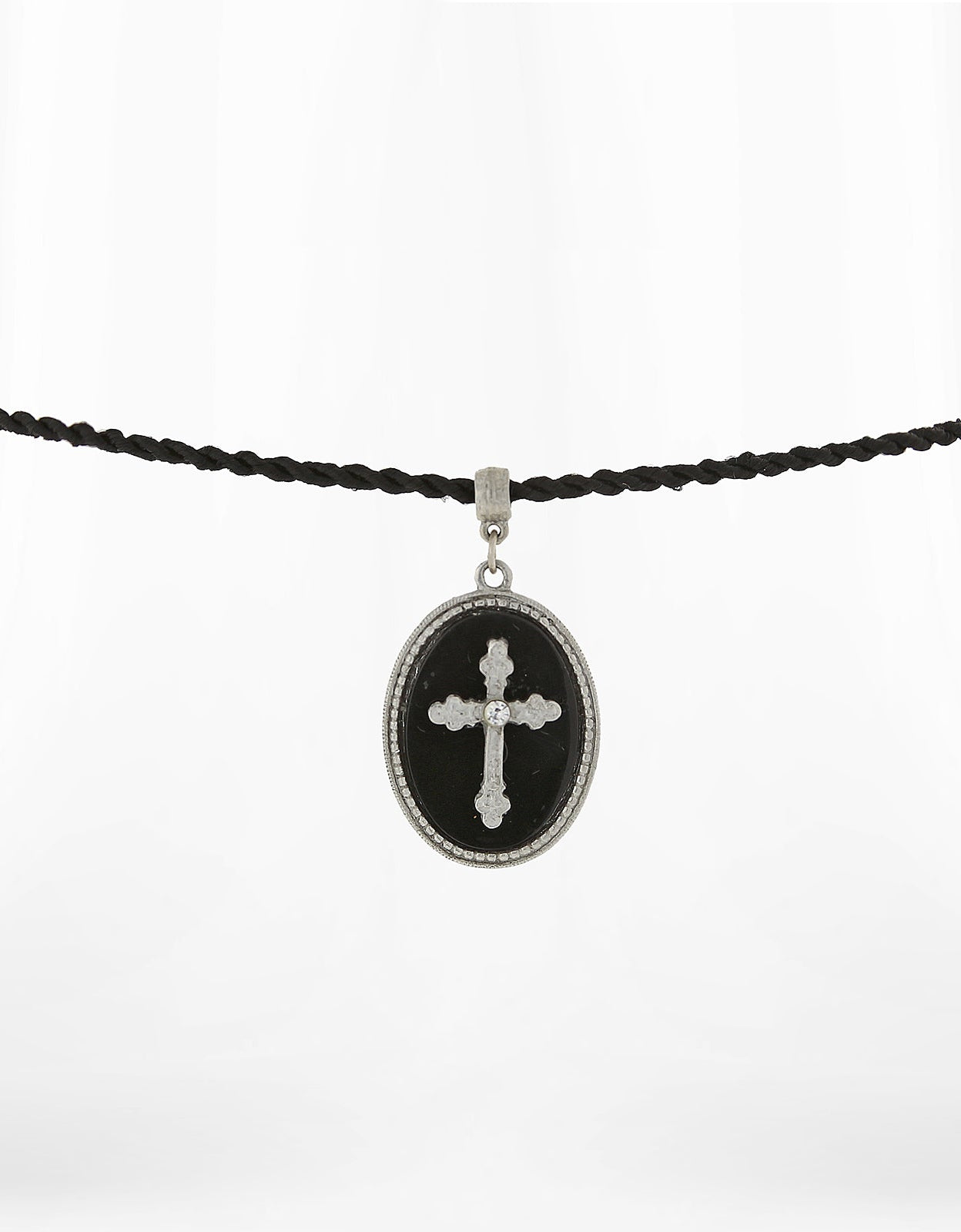 Symbols Of Faith Black Oval Stone Cross Pendant Necklace 15" + 3" Extension