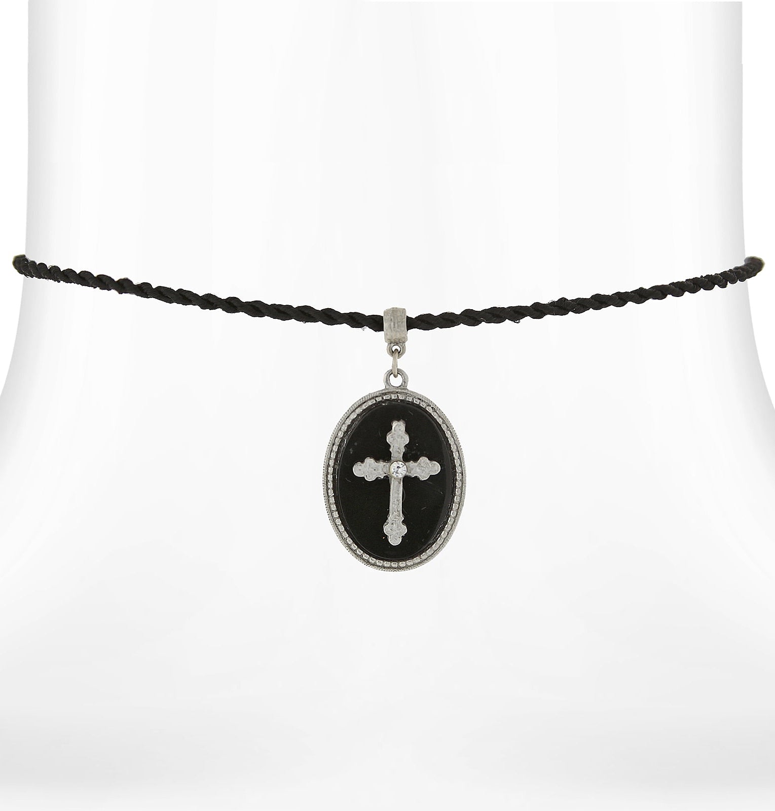 Symbols Of Faith Black Oval Stone Cross Pendant Necklace 15" + 3" Extension