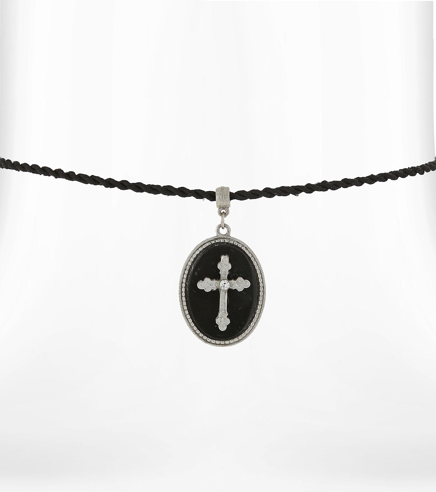 Symbols Of Faith Black Oval Stone Cross Pendant Necklace 15" + 3" Extension