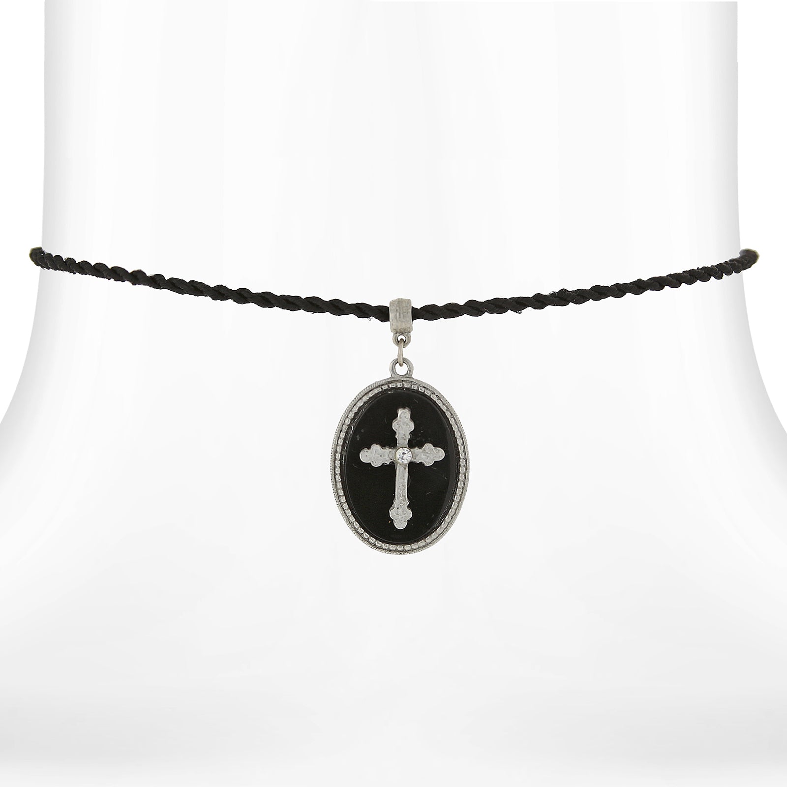 Symbols Of Faith Black Oval Stone Cross Pendant Necklace 15" + 3" Extension