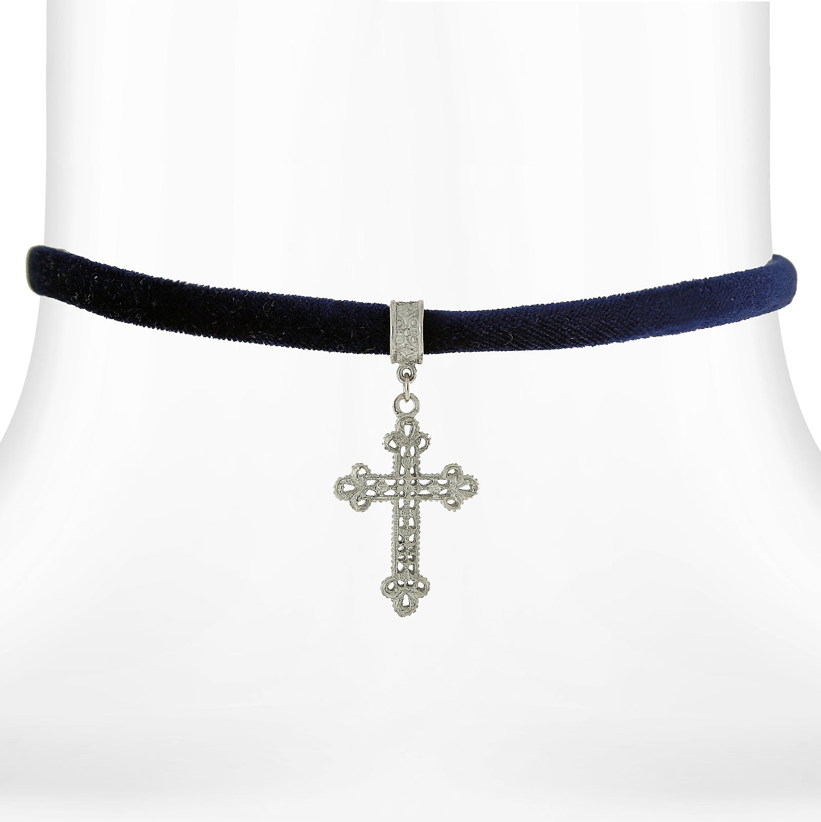 Symbols Of Faith Filigree Cross Pendant Necklace On Black Velvet Ribbon 12" + 5" Extender
