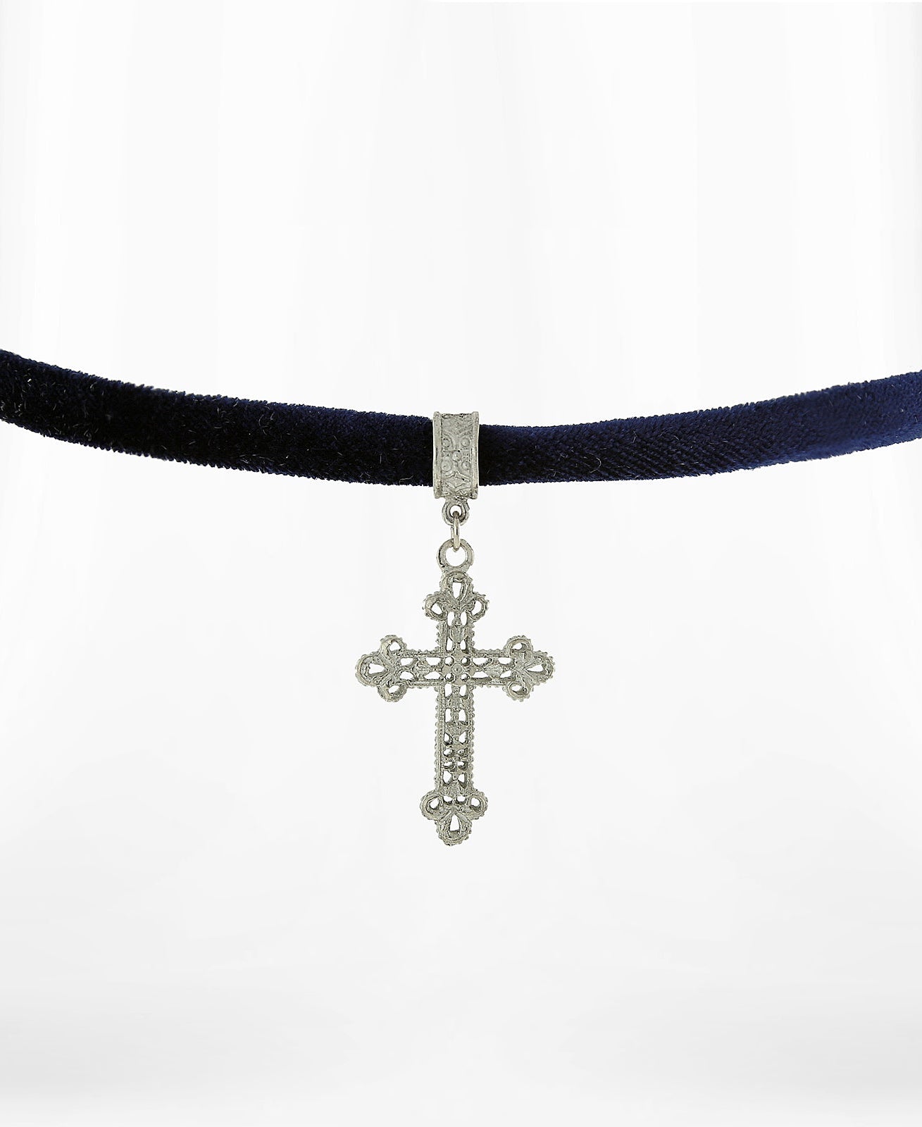 Symbols Of Faith Filigree Cross Pendant Necklace On Black Velvet Ribbon 12" + 5" Extender