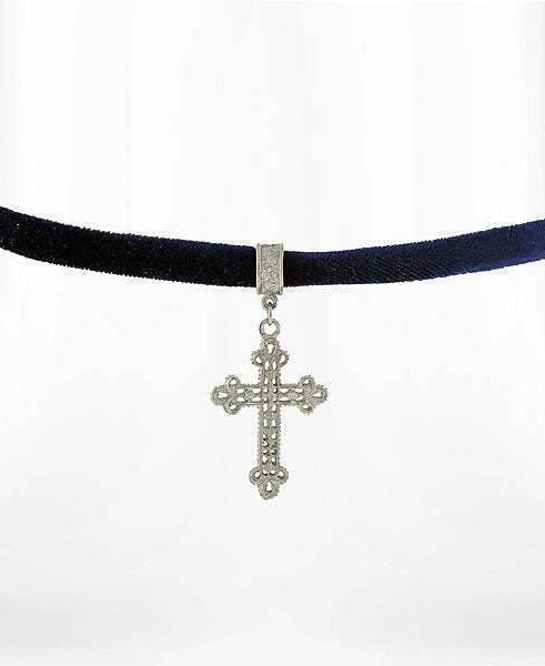 Symbols Of Faith Filigree Cross Pendant Necklace On Black Velvet Ribbon 12" + 5" Extender
