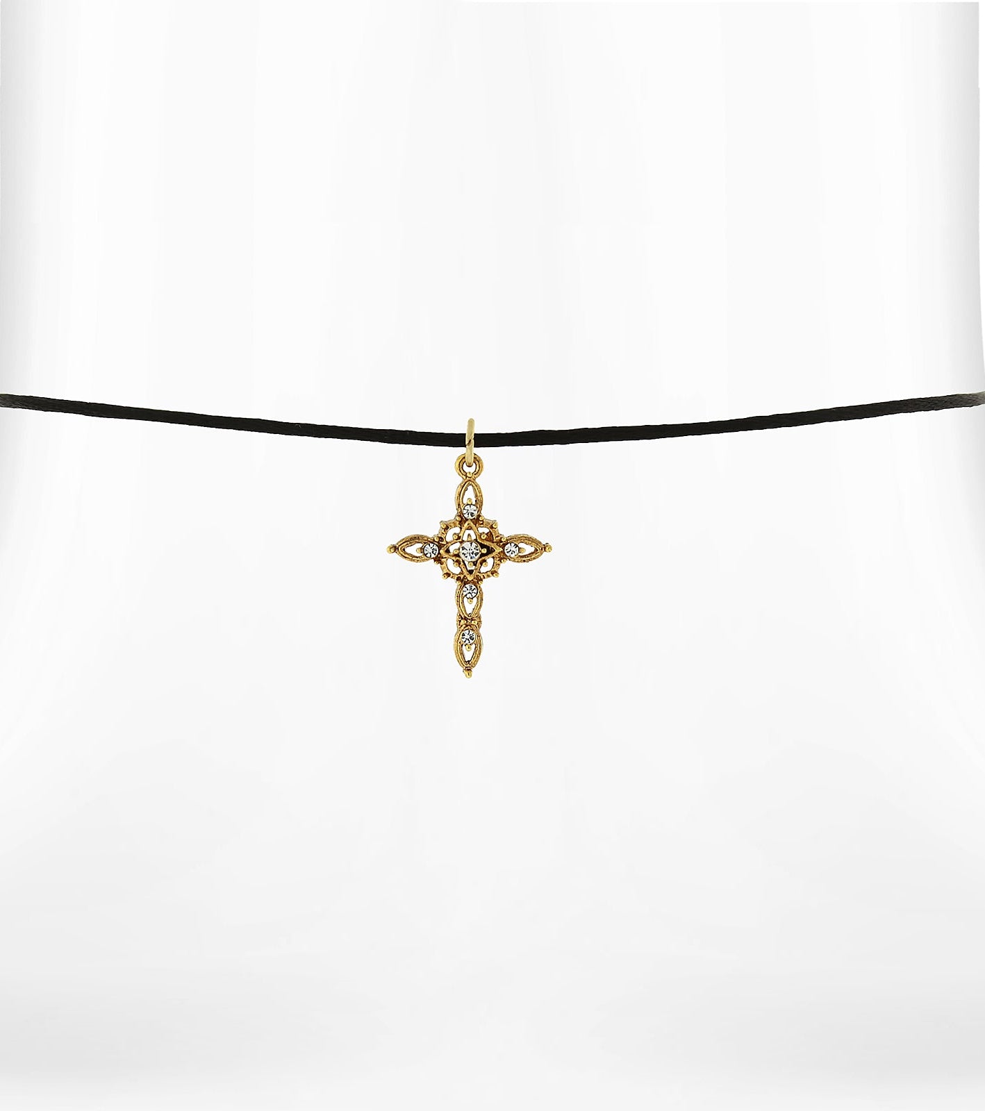 Symbols of Faith Crystal Filigree Cross Pendant Satin Cord Choker Necklace 14" + 5" Extender