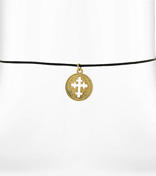 Symbols Of Faith Gold Budded Cross Pendant Black Satin Cord Necklace 14" + 3" Extender