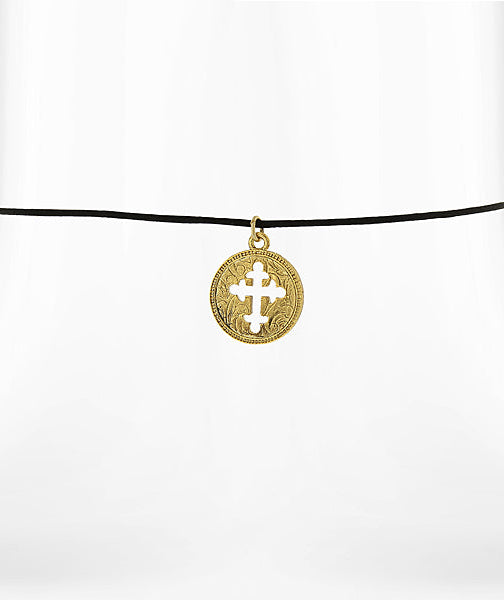 Symbols Of Faith Gold Budded Cross Pendant Black Satin Cord Necklace 14" + 3" Extender