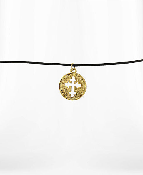 Symbols Of Faith Gold Budded Cross Pendant Black Satin Cord Necklace 14" + 3" Extender