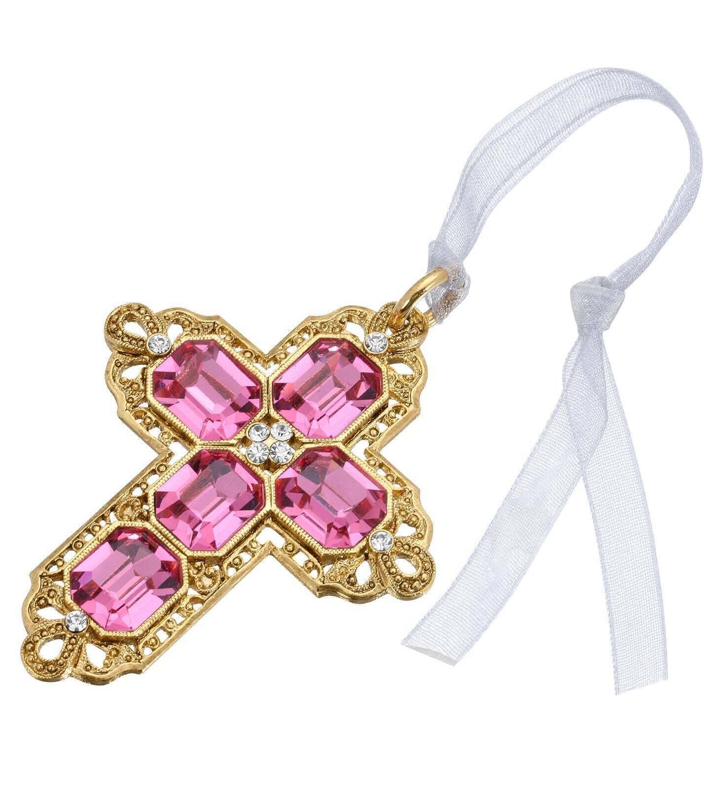 Symbols Of Faith Octagon European Crystal Cross With Ribbon Christmas Tree Ornament