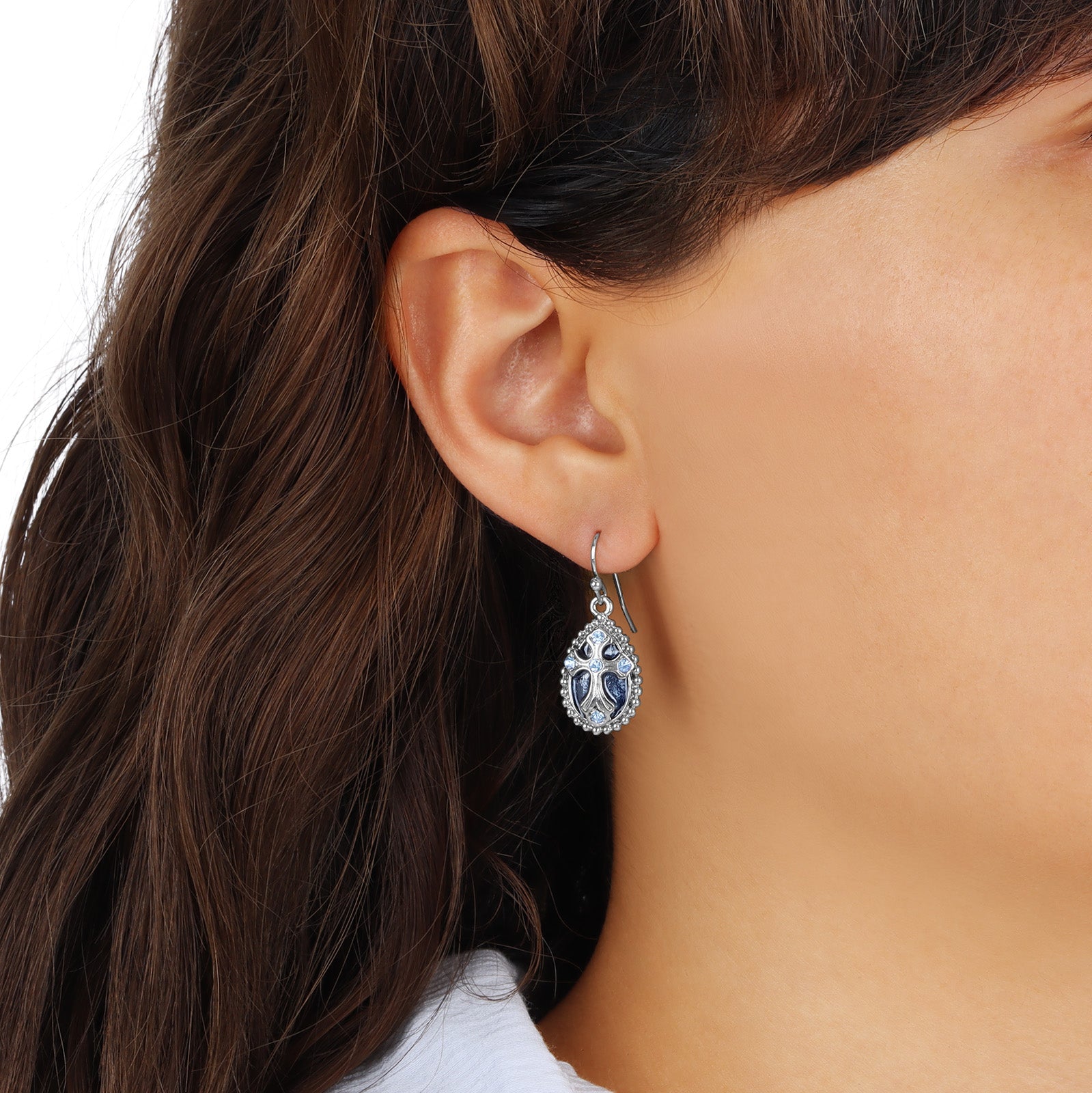 Symbols Of Faith Blue Enamel Crystal Cross Teardrop Earrings