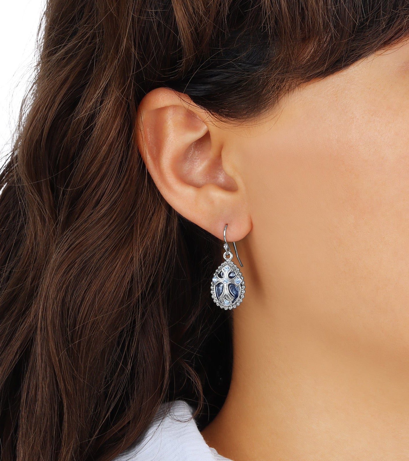 Symbols Of Faith Blue Enamel Crystal Cross Teardrop Earrings