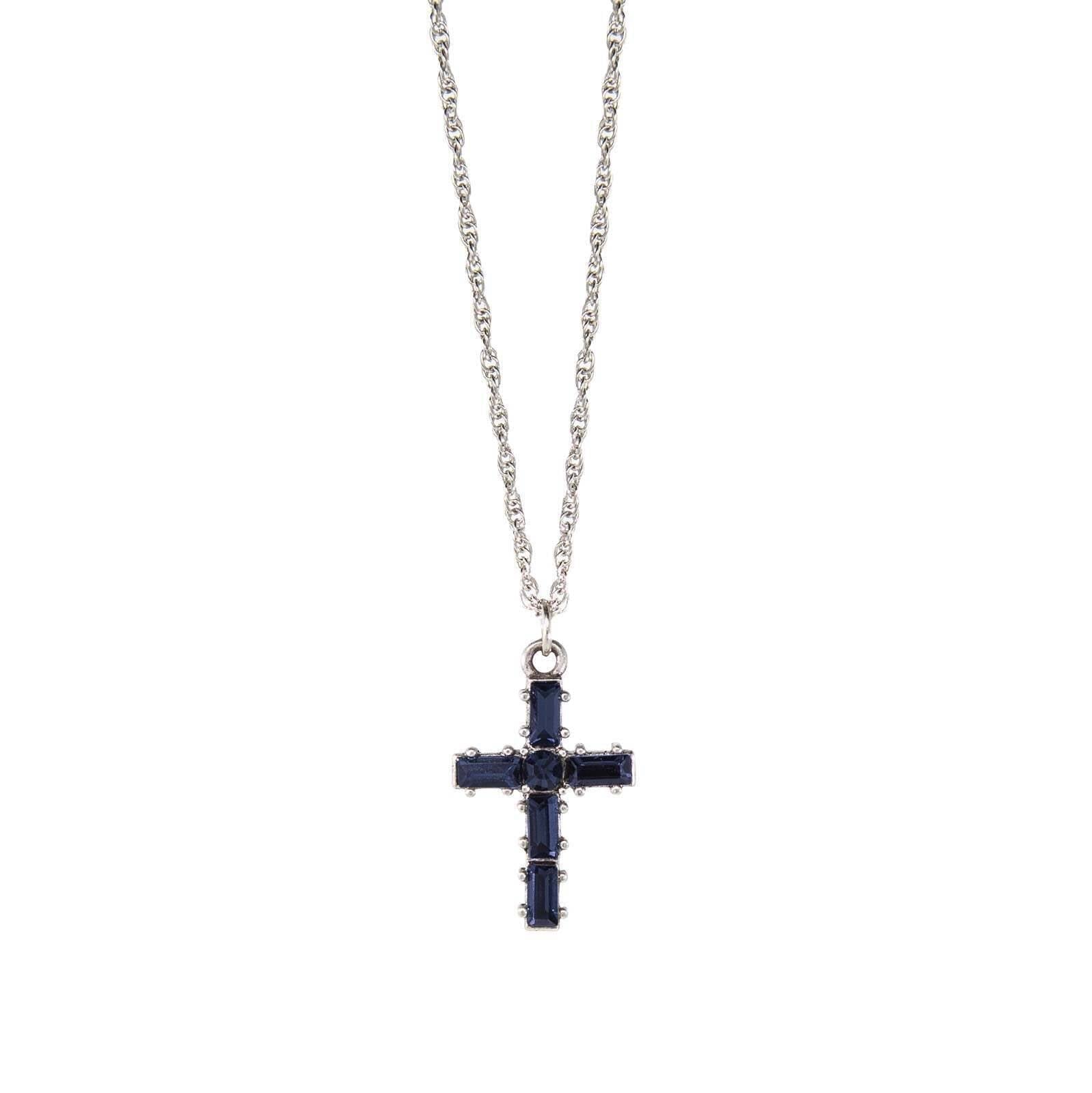 Symbols Of Faith Pewter Crystal Small Cross Pendant Necklace 16" + 3" Extender