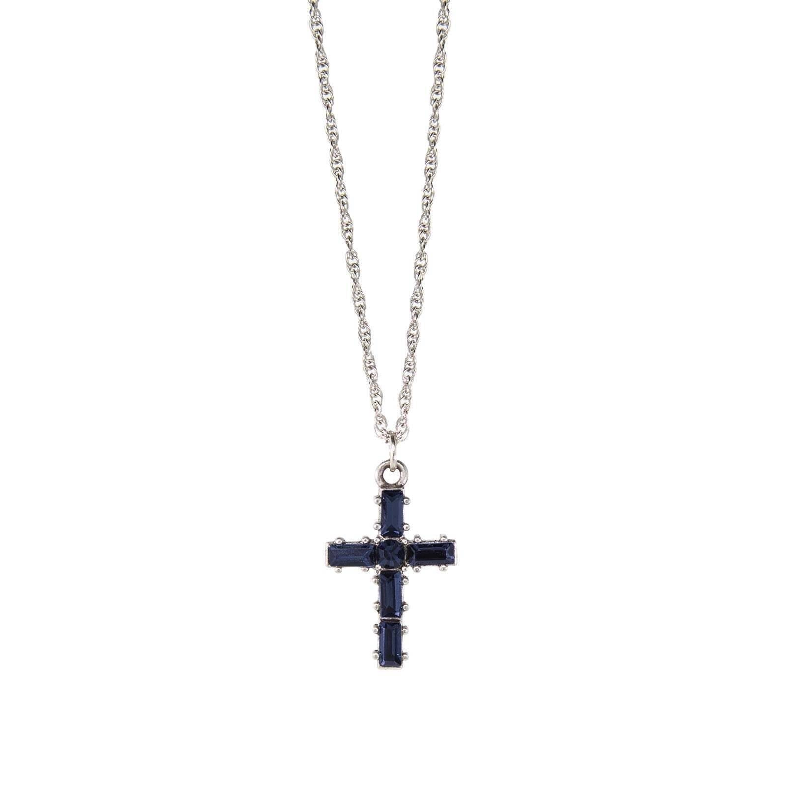 Symbols Of Faith Pewter Crystal Small Cross Pendant Necklace 16" + 3" Extender