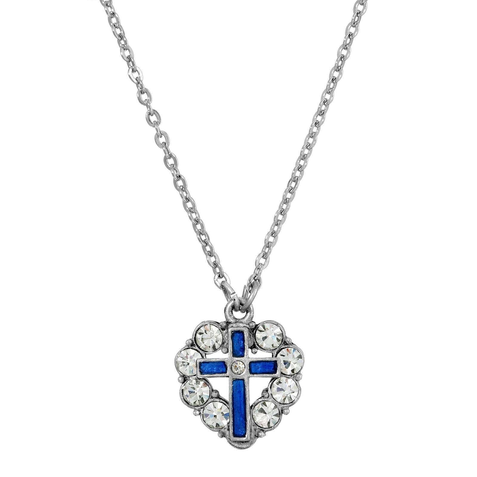 Symbols Of Faith Pewter Blue Enamel Cross Crystal Heart Pendant Necklace 16" + 3" Extender