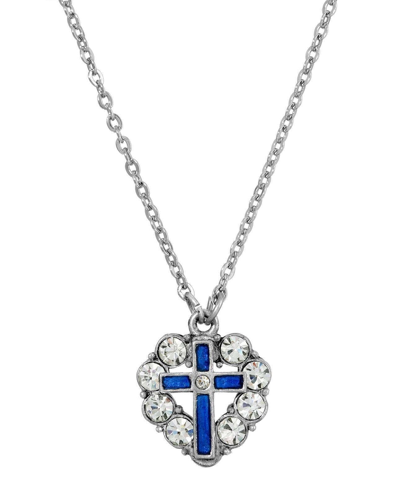 Symbols Of Faith Pewter Blue Enamel Cross Crystal Heart Pendant Necklace 16" + 3" Extender