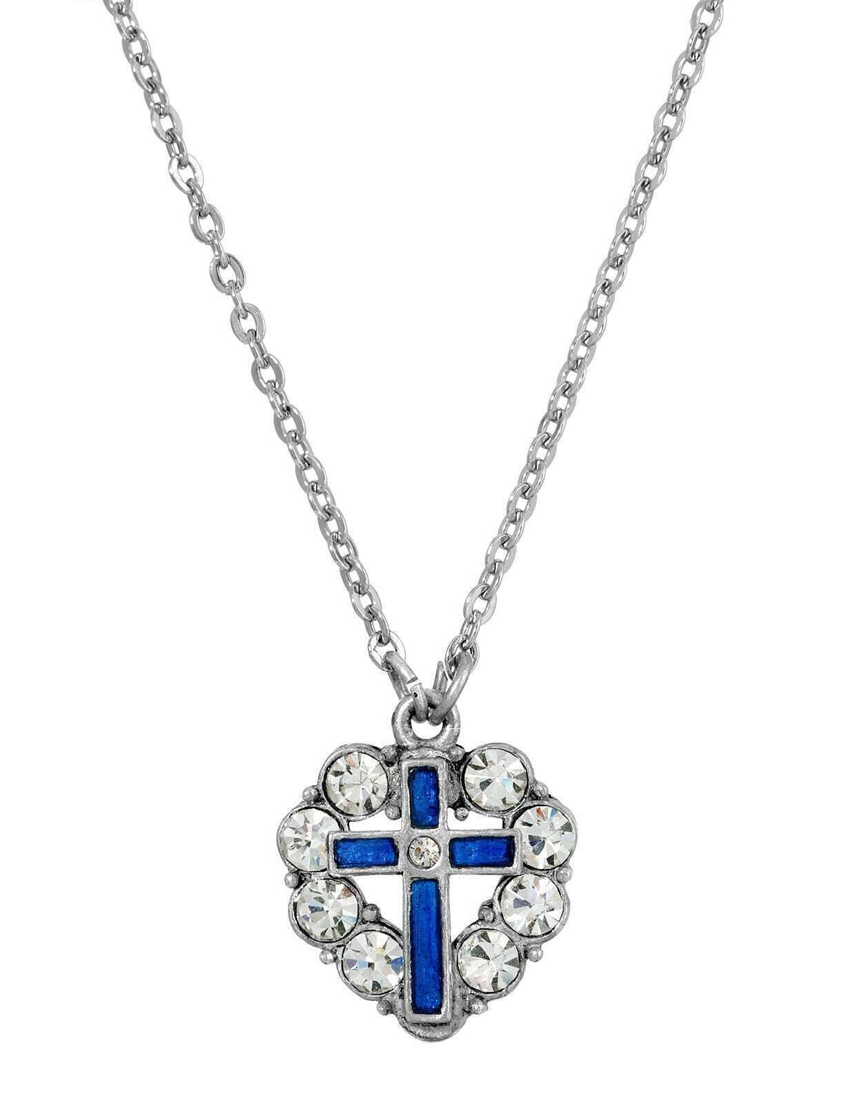 Symbols Of Faith Pewter Blue Enamel Cross Crystal Heart Pendant Necklace 16" + 3" Extender