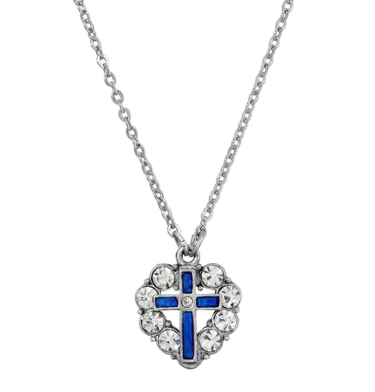 Symbols Of Faith Pewter Blue Enamel Cross Crystal Heart Pendant Necklace 16" + 3" Extender