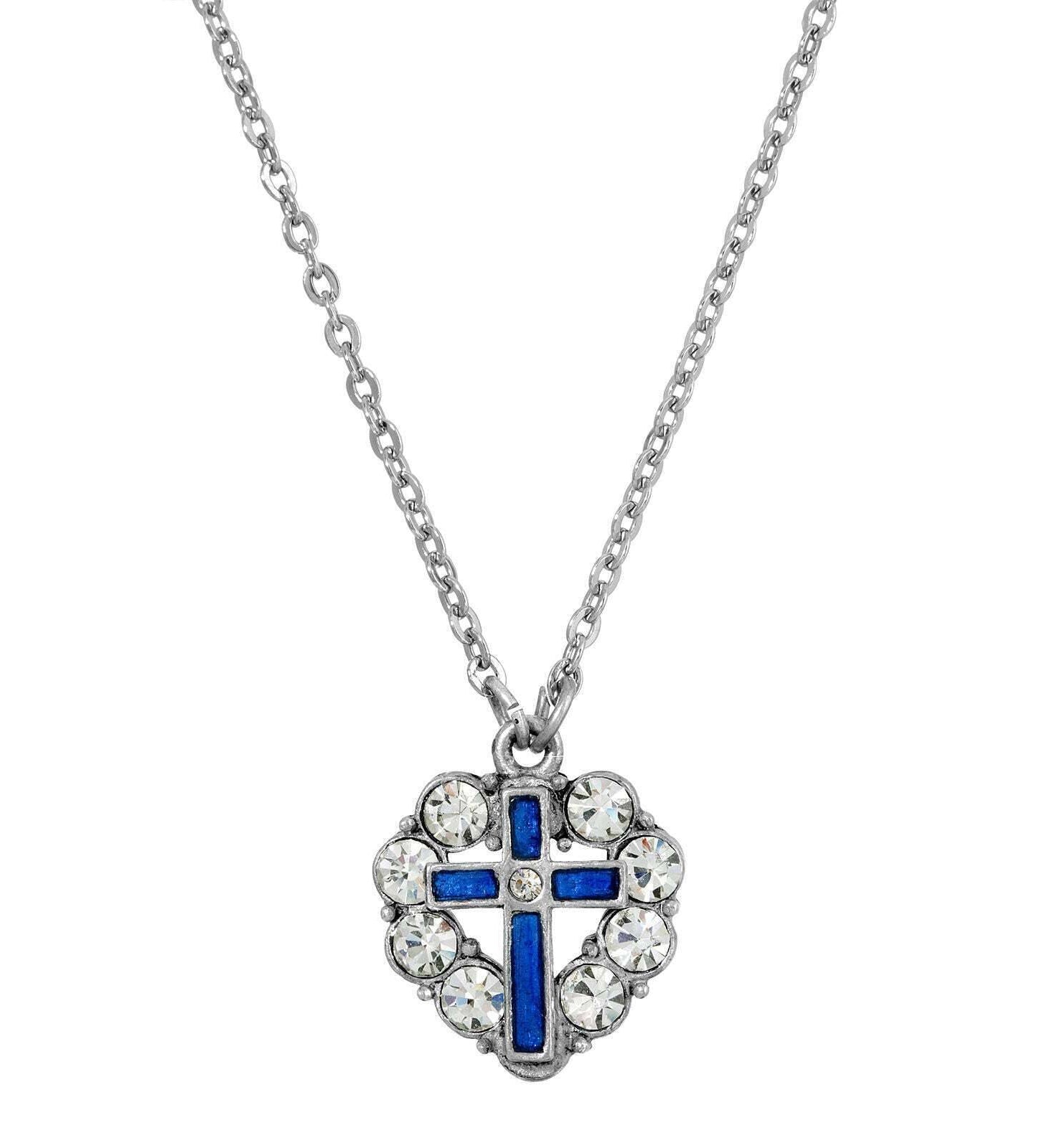 Symbols Of Faith Pewter Blue Enamel Cross Crystal Heart Pendant Necklace 16" + 3" Extender
