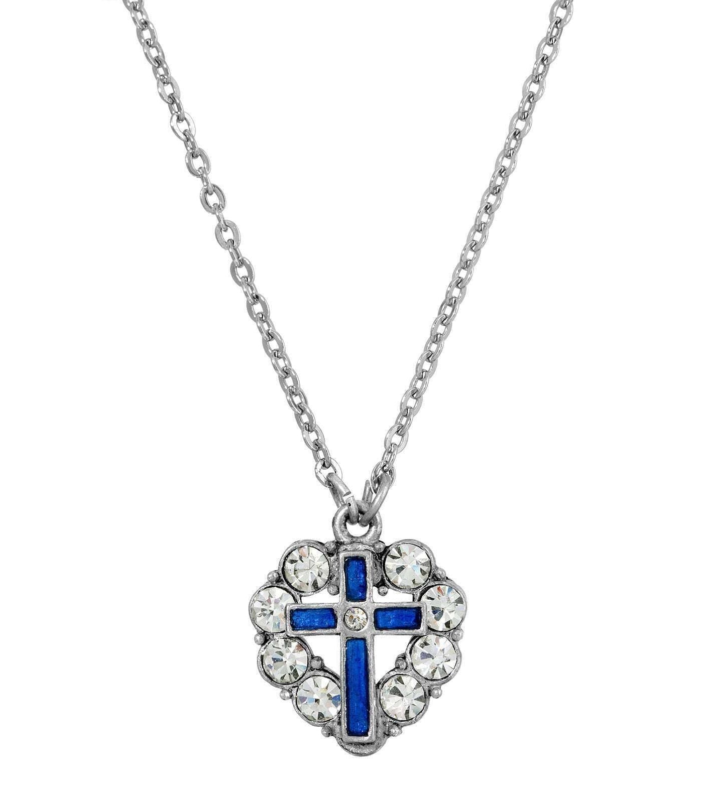 Symbols Of Faith Pewter Blue Enamel Cross Crystal Heart Pendant Necklace 16" + 3" Extender