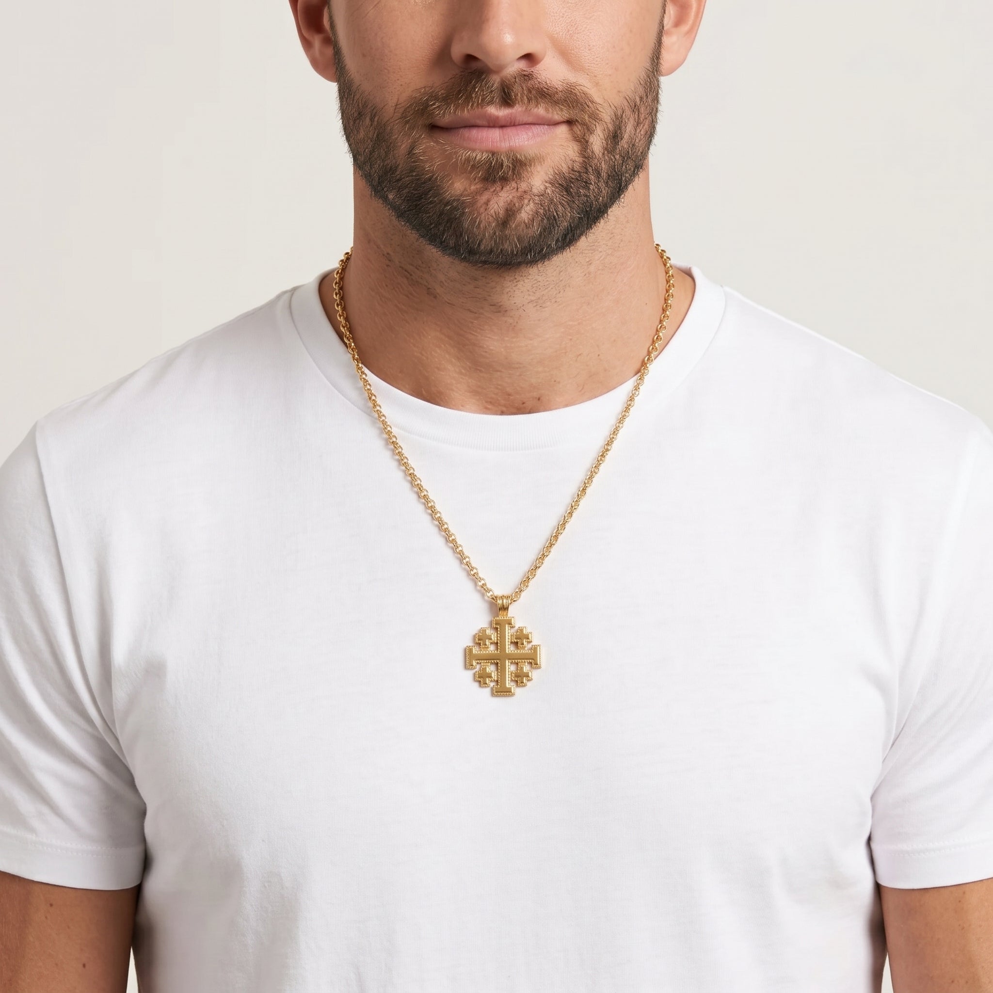 Man wearing a Gold Jerusalem Cross Pendant Necklace