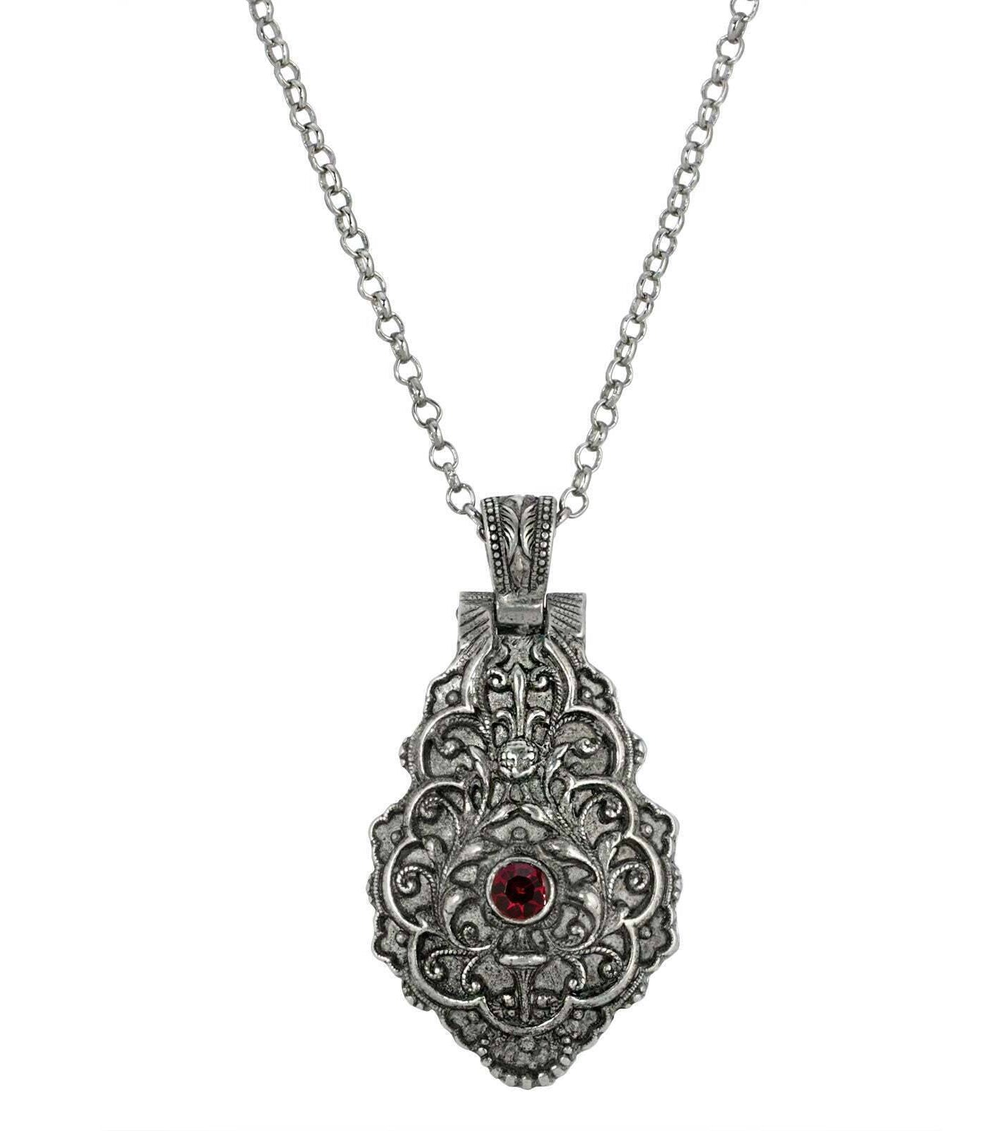 Symbols Of Faith Antiqued Pewter Red Enamel Cherub Reliquary Pendant Necklace 28"