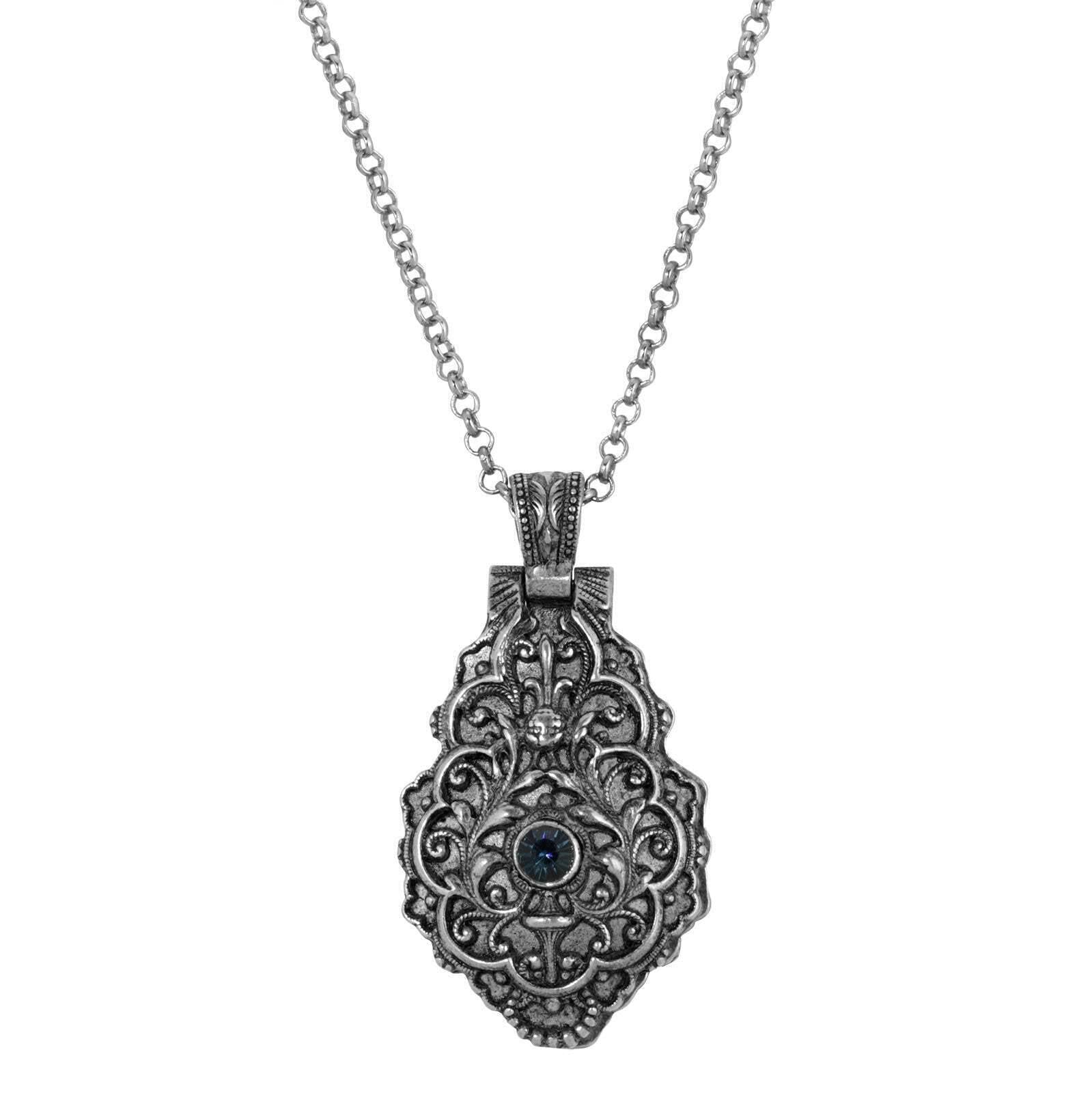 Symbols Of Faith Antiqued Pewter Blue Crystal Cross Locket Necklace 28"