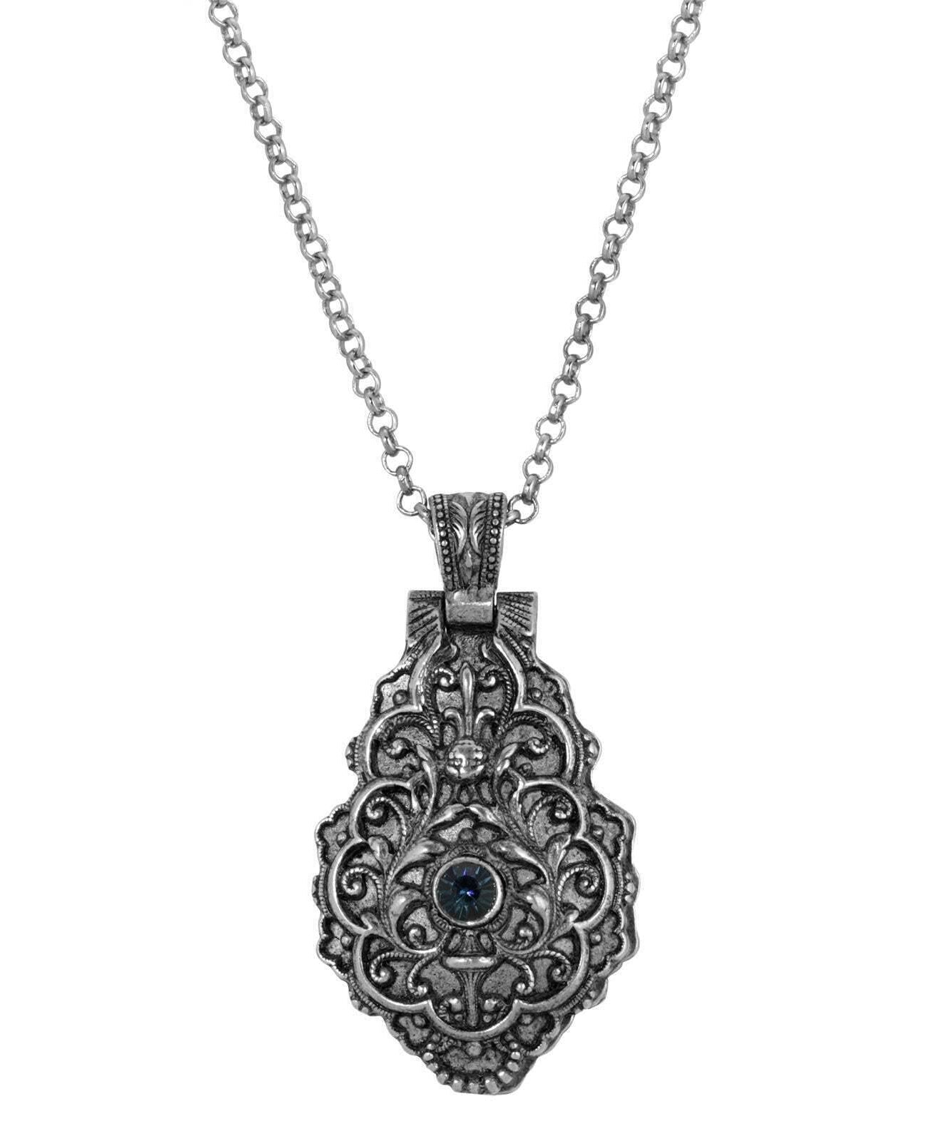 Symbols Of Faith Antiqued Pewter Blue Crystal Cross Locket Necklace 28"