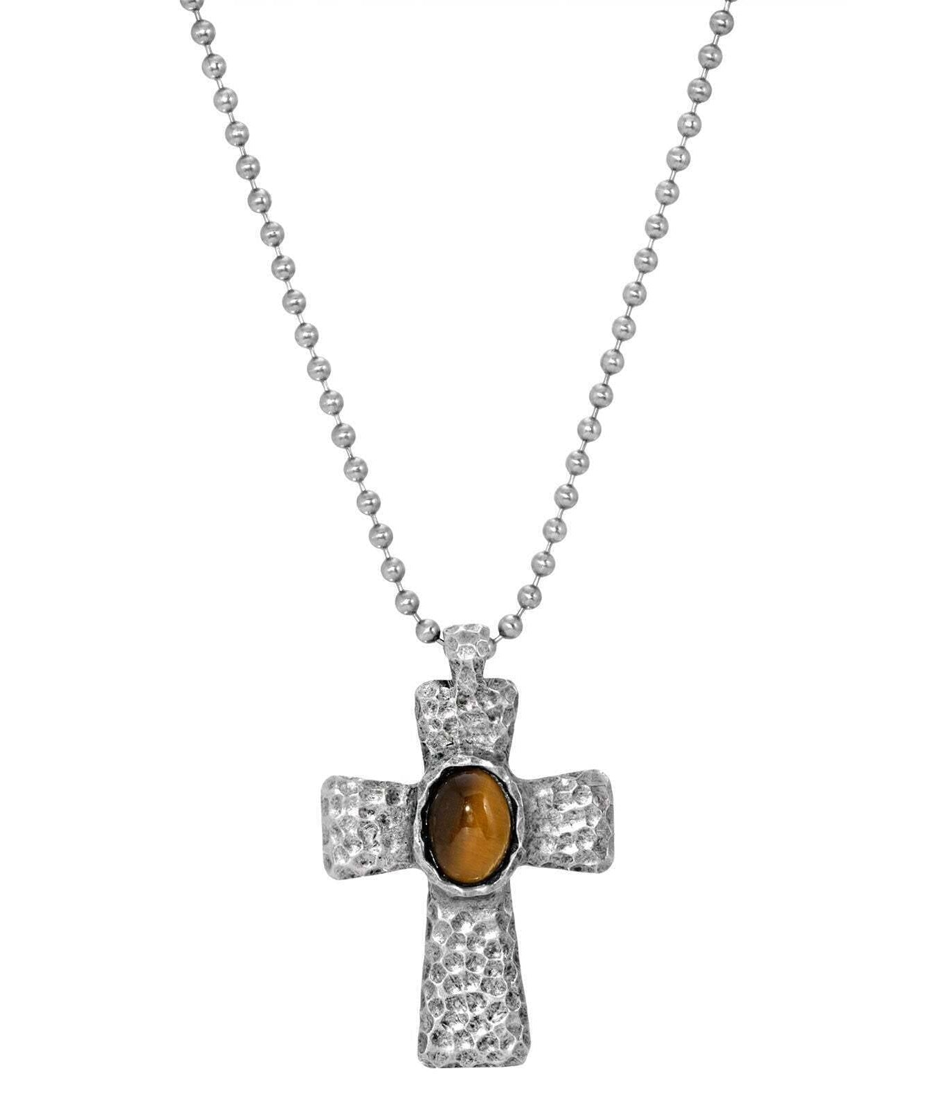 Symbols Of Faith Antiqued Hammered Metal Cross With Oval Gemstone Pendant Necklace 22"
