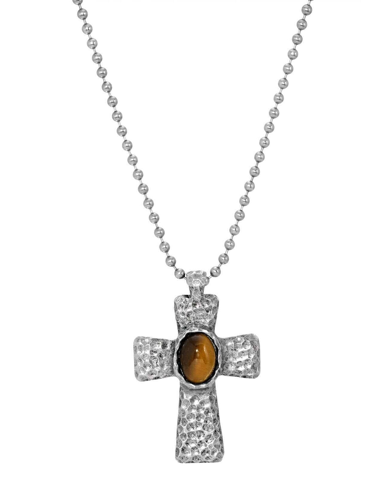 Symbols Of Faith Antiqued Hammered Metal Cross With Oval Gemstone Pendant Necklace 22"