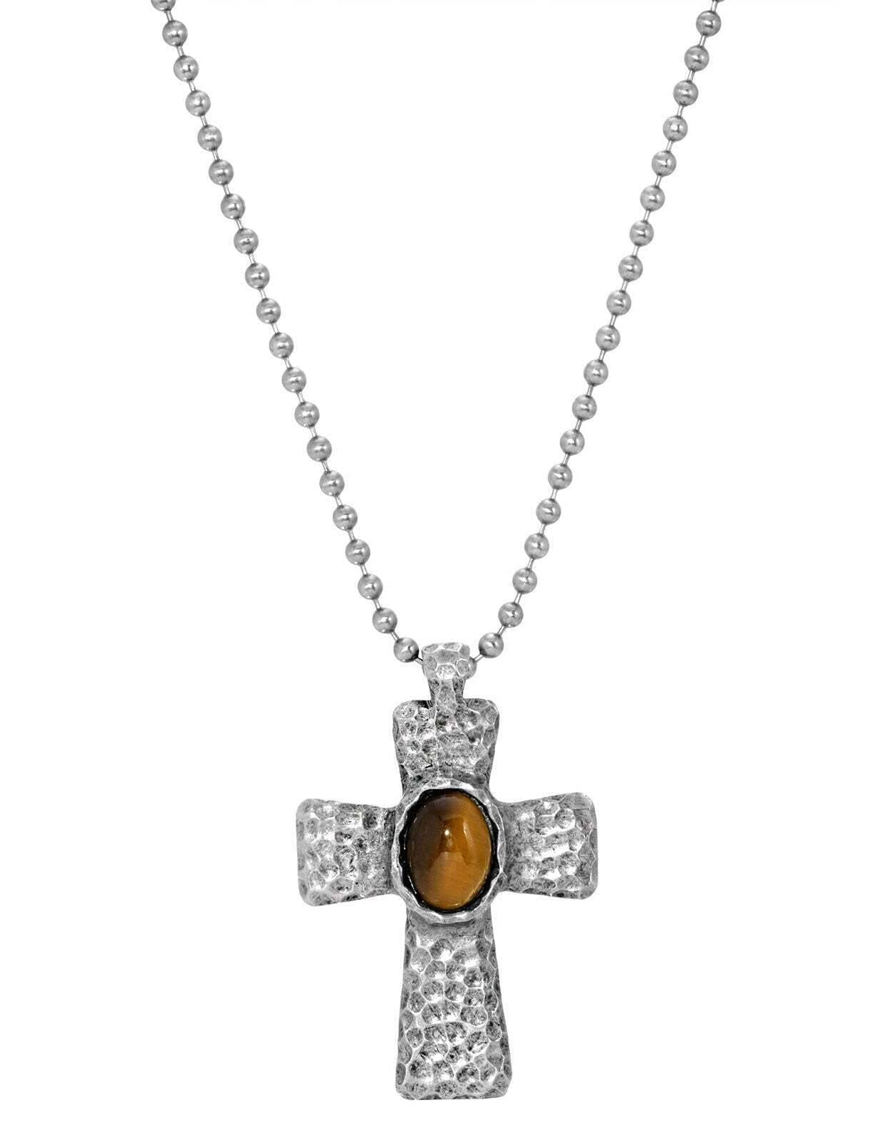Symbols Of Faith Antiqued Hammered Metal Cross With Oval Gemstone Pendant Necklace 22"