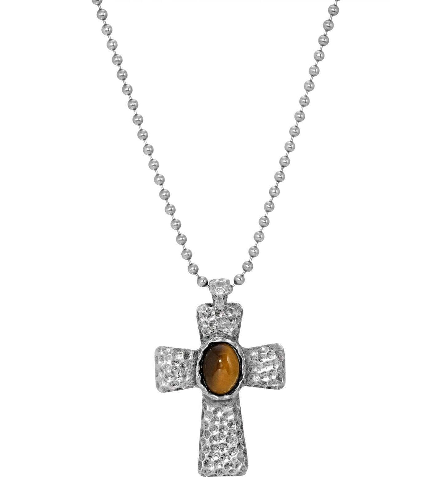 Symbols Of Faith Antiqued Hammered Metal Cross With Oval Gemstone Pendant Necklace 22"