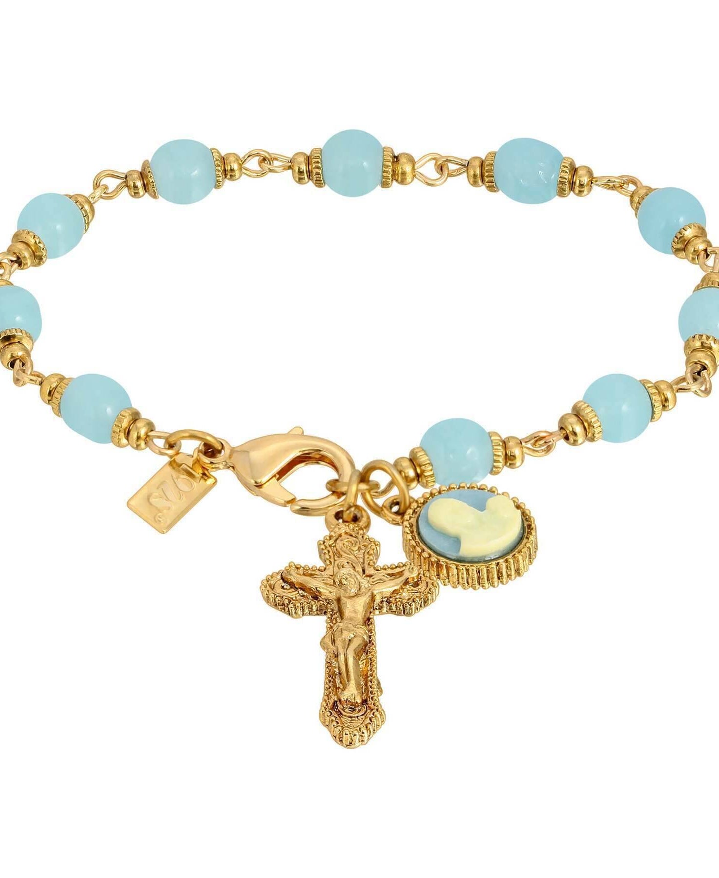 Symbols Of Faith Aqua Glass Chalcedony Baroque Crucifix & Mother And Child Cameo Link Bracelet