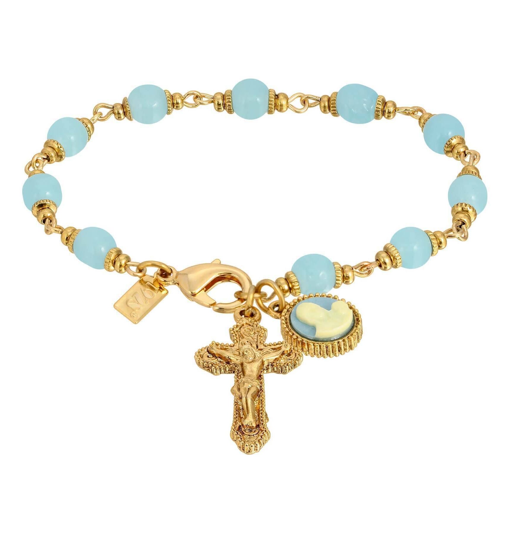 Symbols Of Faith Aqua Glass Chalcedony Baroque Crucifix & Mother And Child Cameo Link Bracelet