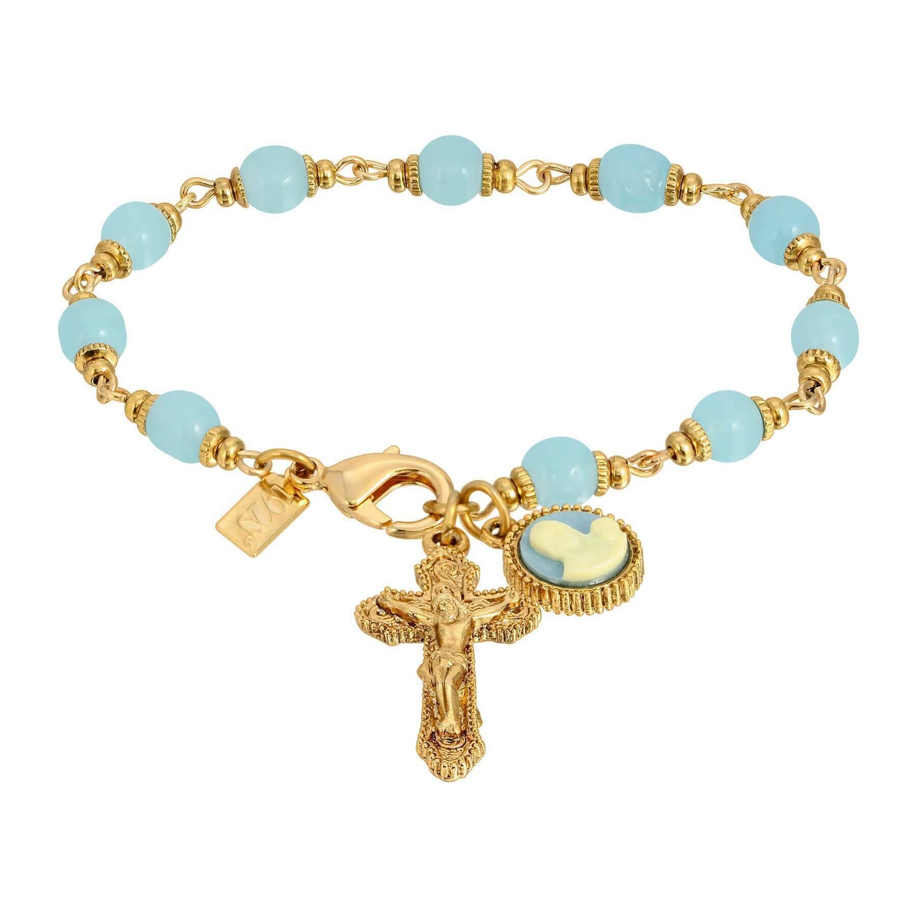 Symbols Of Faith Aqua Glass Chalcedony Baroque Crucifix & Mother And Child Cameo Link Bracelet