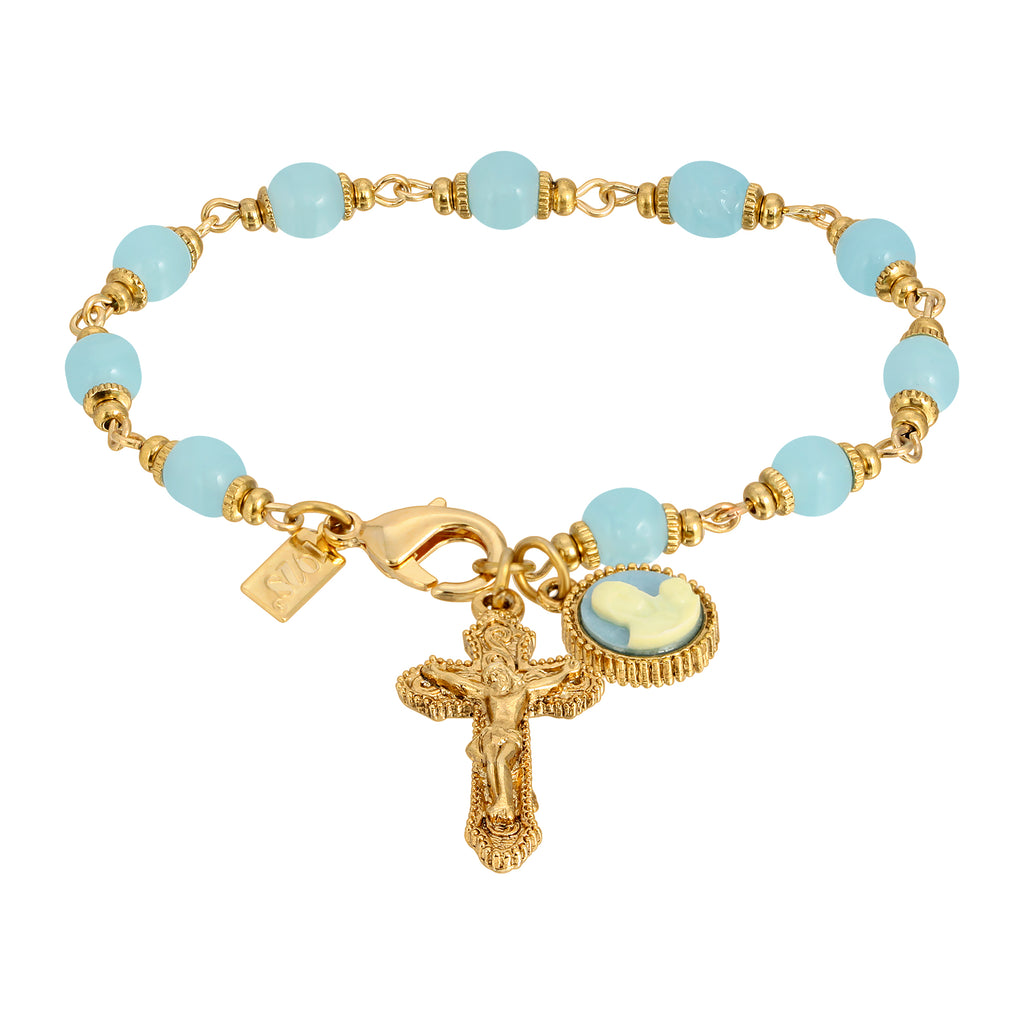 1928 Jewelry Aqua Glass Chalcedony Baroque Crucifix & Mother And Child Cameo Link Bracelet