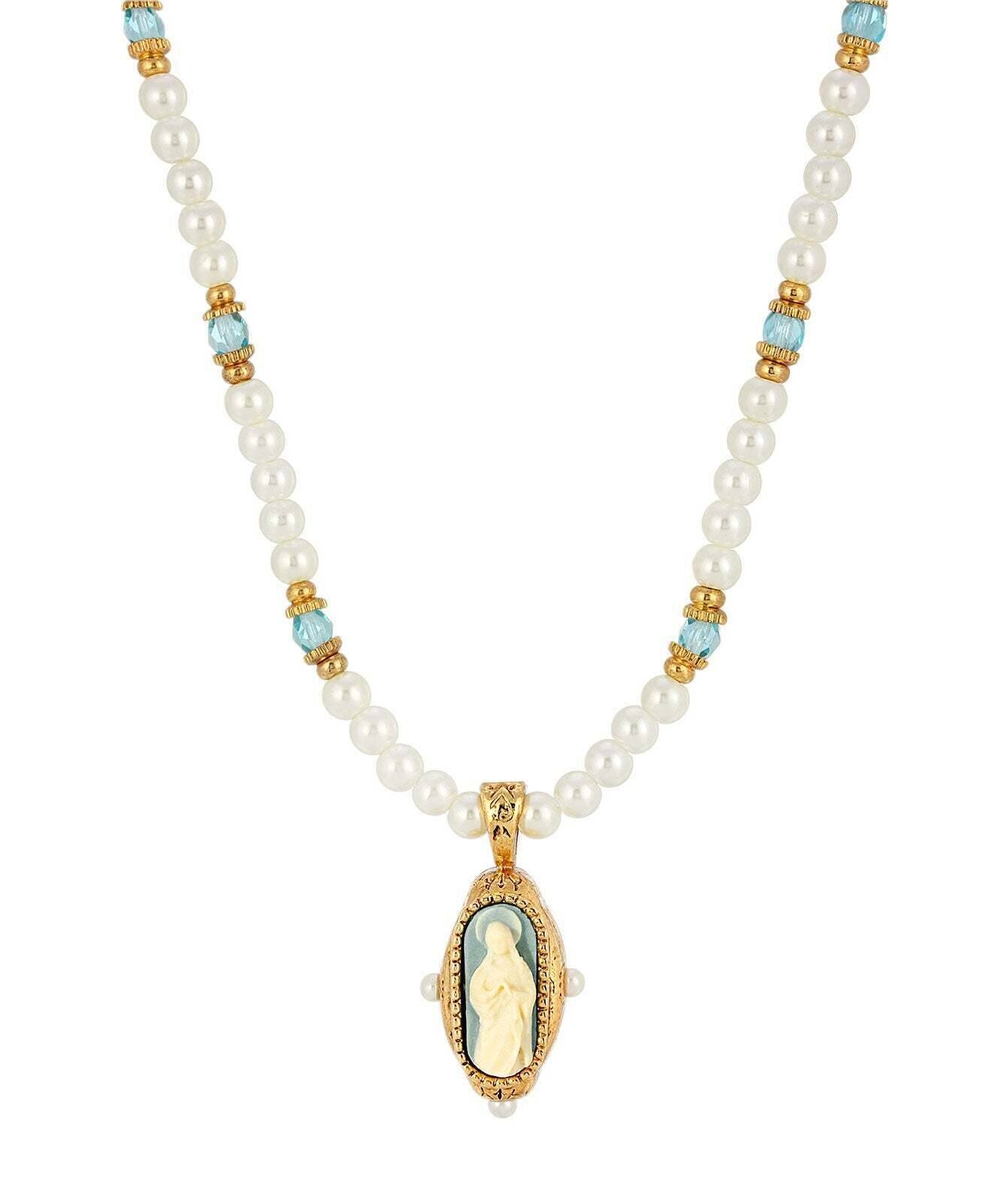 Symbols Of Faith Glass Faux Pearl & Aqua Fire Polished Crystal Saint Mary Cameo Pendant Necklace 16"