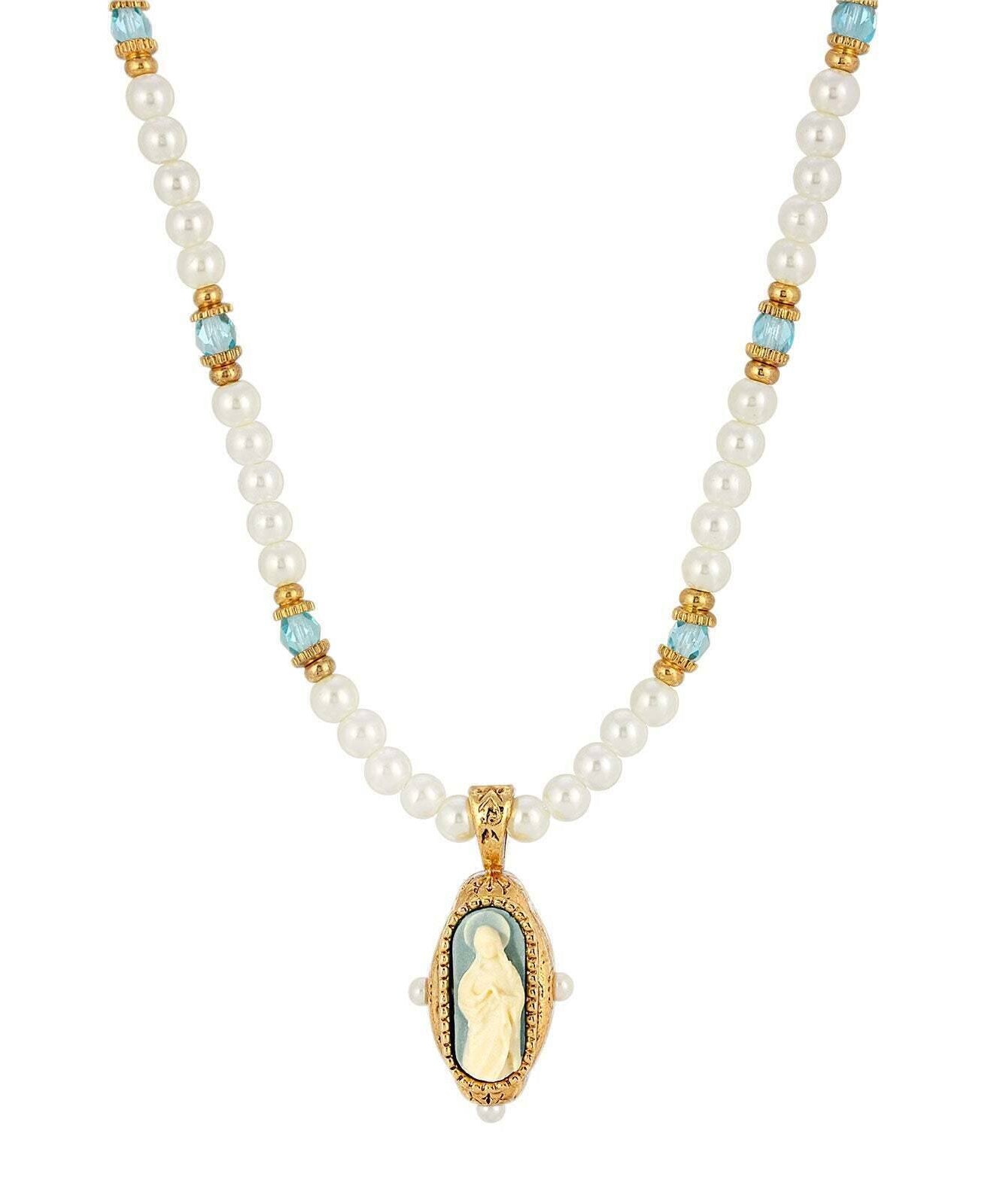 Symbols Of Faith Glass Faux Pearl & Aqua Fire Polished Crystal Saint Mary Cameo Pendant Necklace 16"