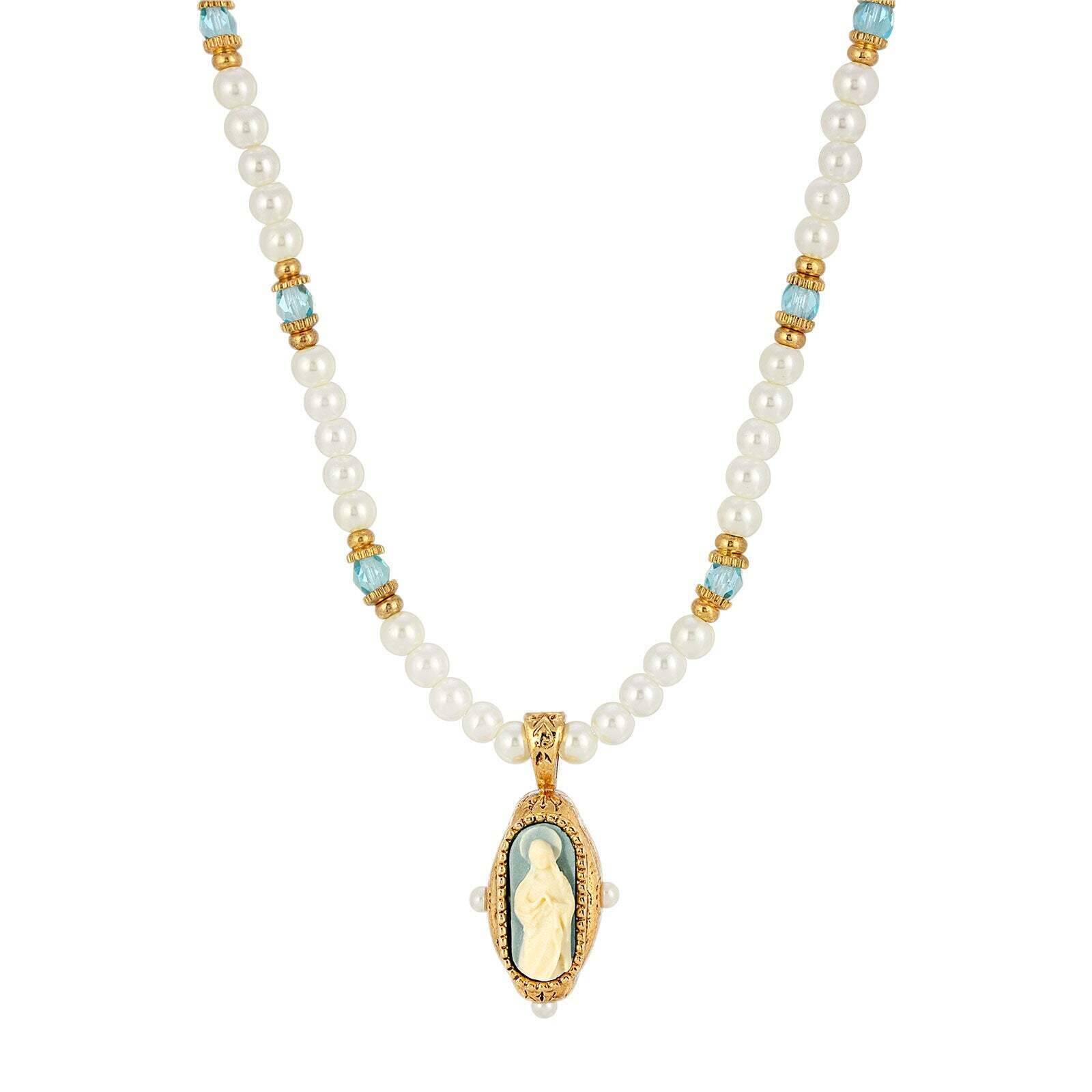 Symbols Of Faith Glass Faux Pearl & Aqua Fire Polished Crystal Saint Mary Cameo Pendant Necklace 16"
