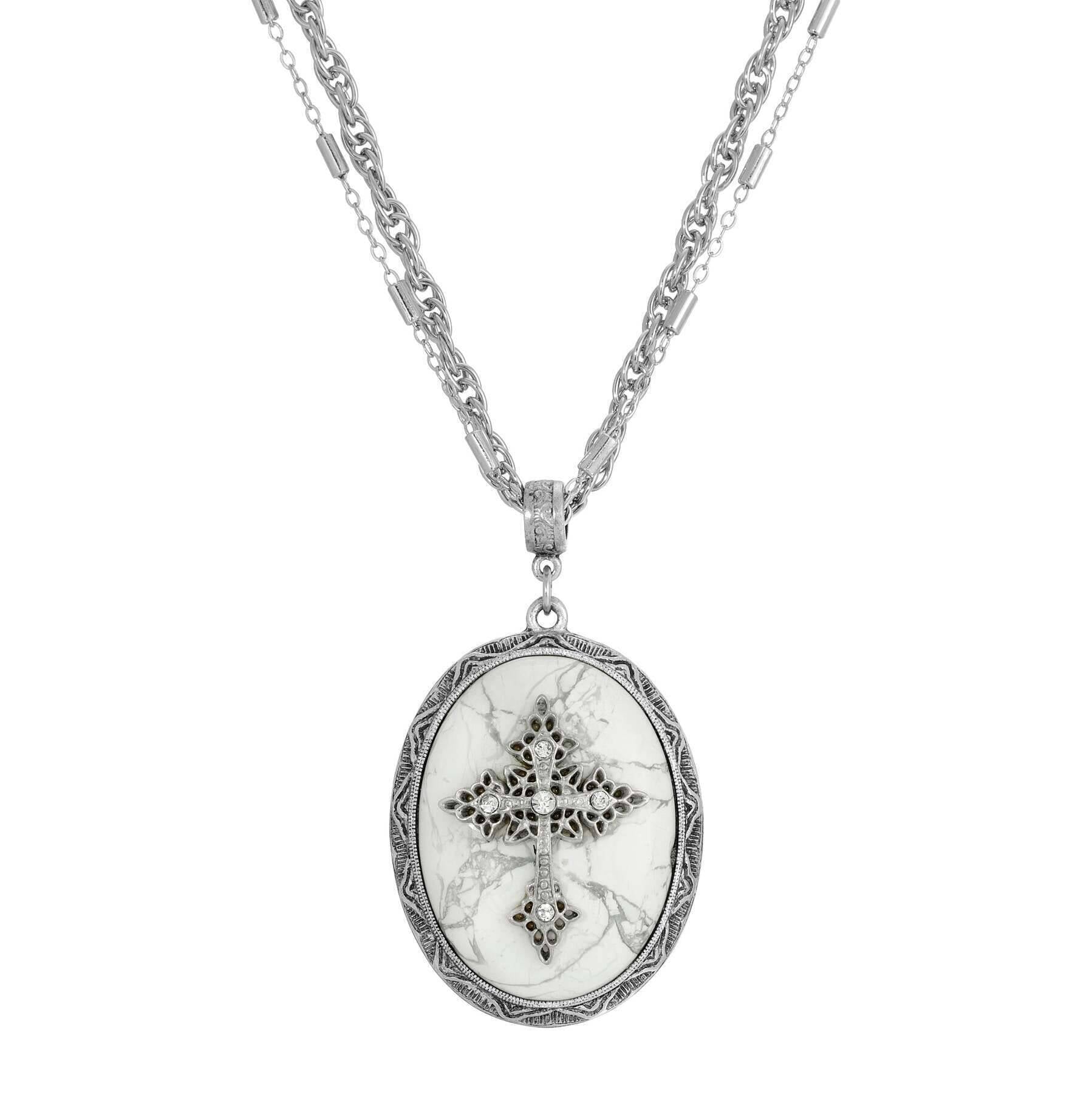 Symbols of Faith Multi Chain Oval Gemstone & Cross Pendant Necklace 18" + 3" Extender