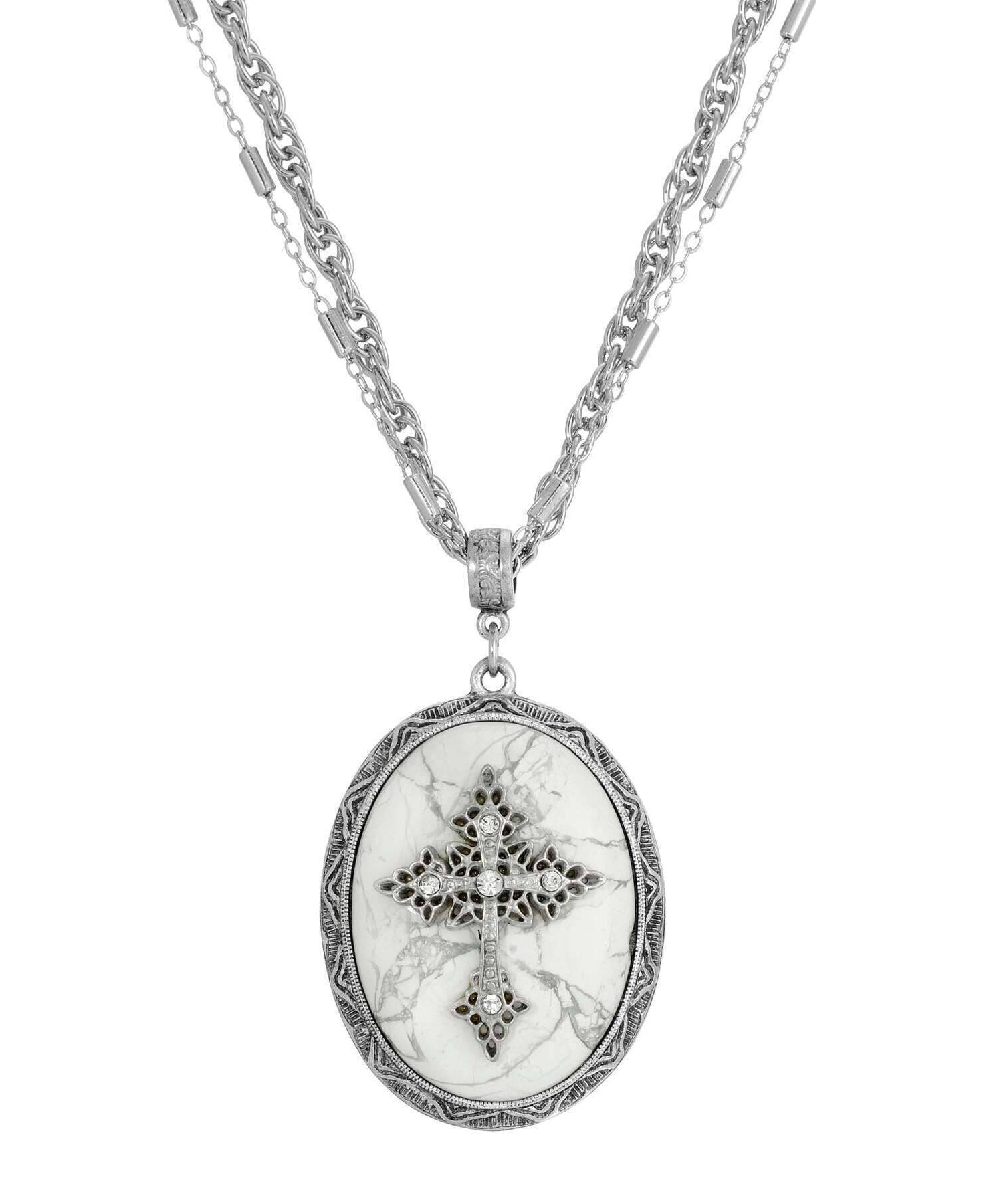Symbols of Faith Multi Chain Oval Gemstone & Cross Pendant Necklace 18" + 3" Extender