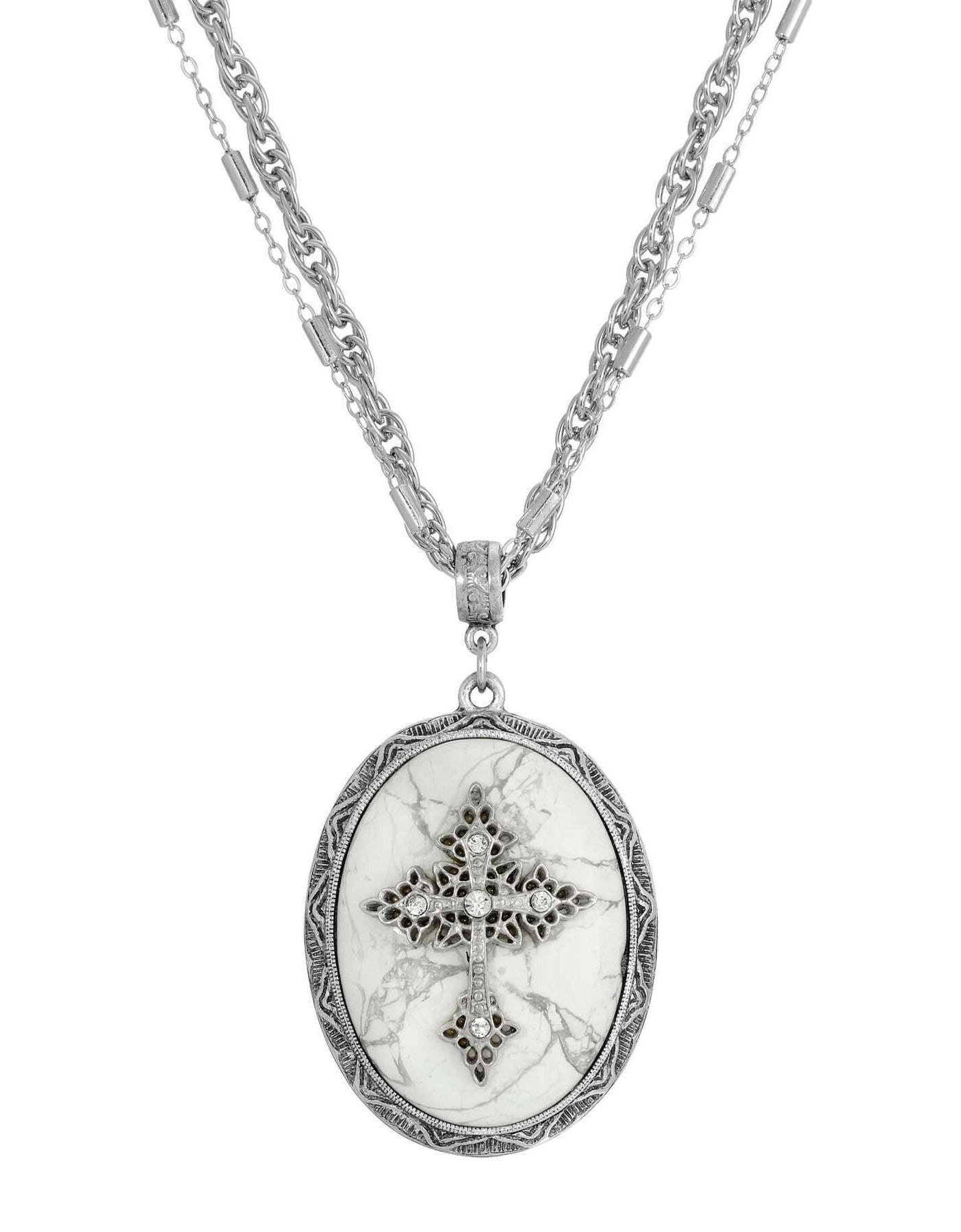 Symbols of Faith Multi Chain Oval Gemstone & Cross Pendant Necklace 18" + 3" Extender