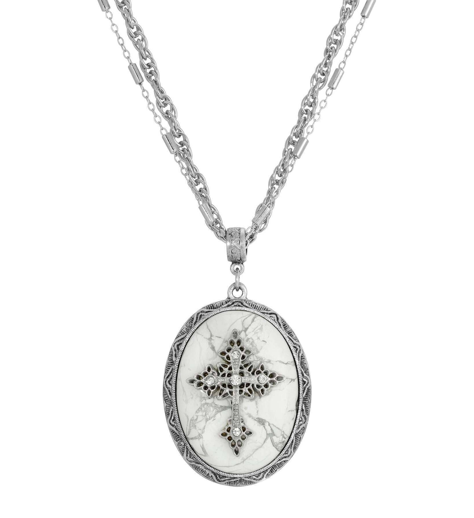 Symbols of Faith Multi Chain Oval Gemstone & Cross Pendant Necklace 18" + 3" Extender