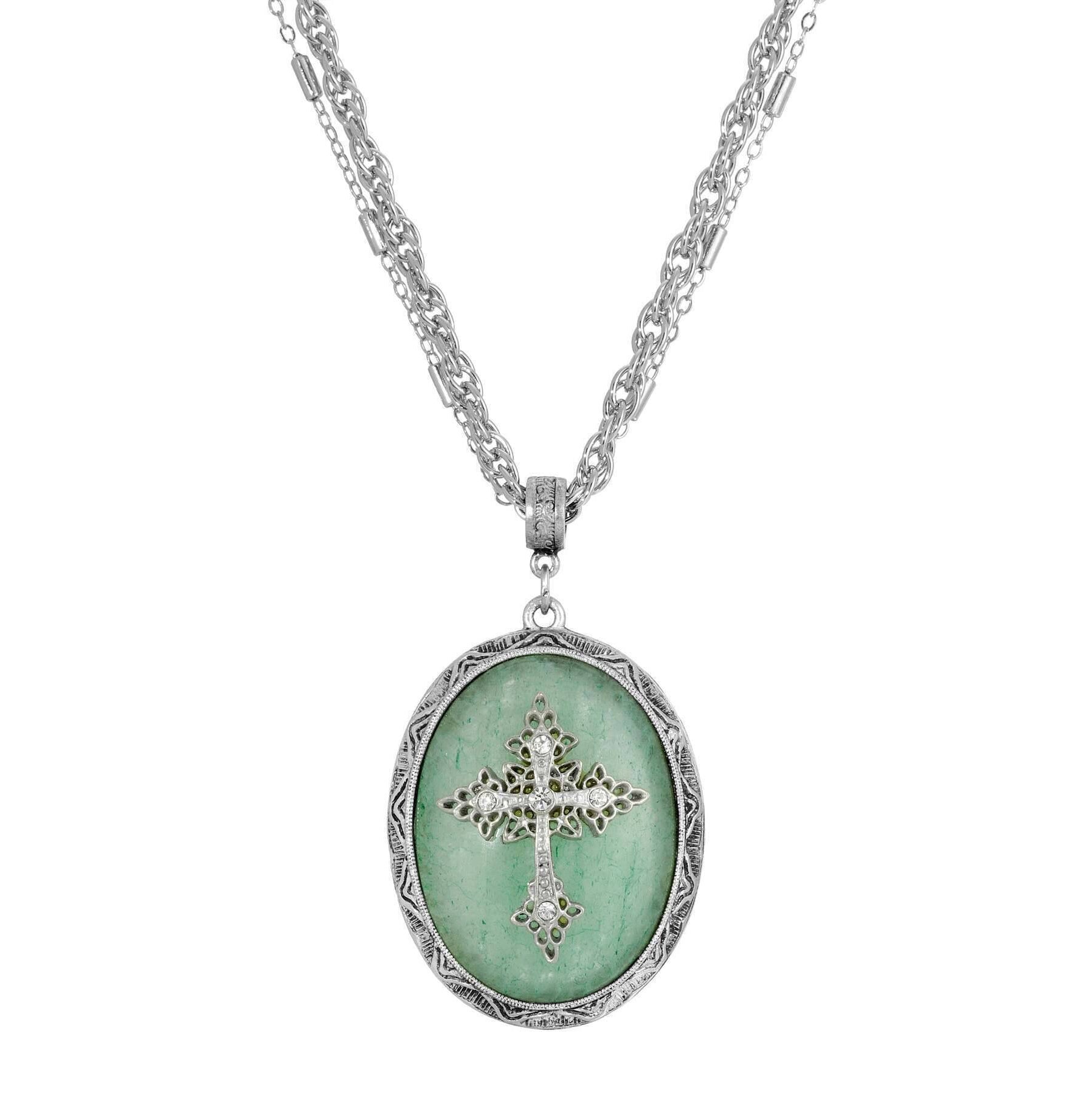Symbols of Faith Multi Chain Oval Gemstone & Cross Pendant Necklace 18" + 3" Extender