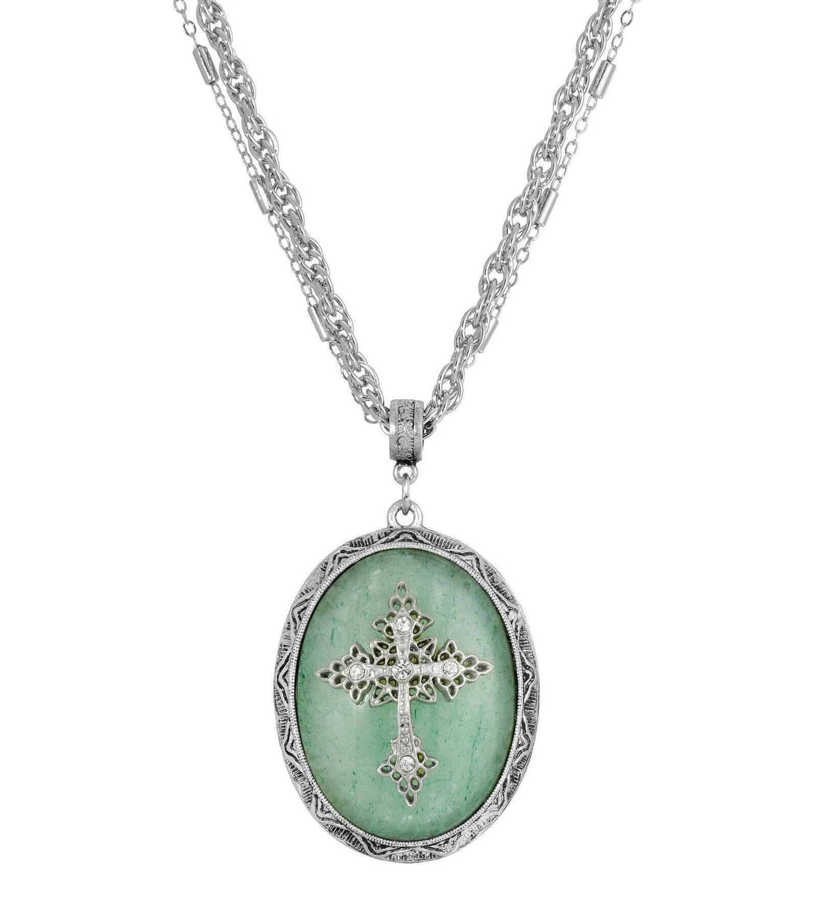 Symbols of Faith Multi Chain Oval Gemstone & Cross Pendant Necklace 18" + 3" Extender