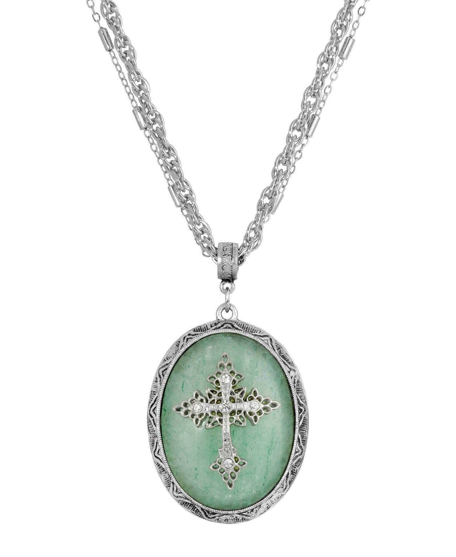 Symbols of Faith Multi Chain Oval Gemstone & Cross Pendant Necklace 18" + 3" Extender