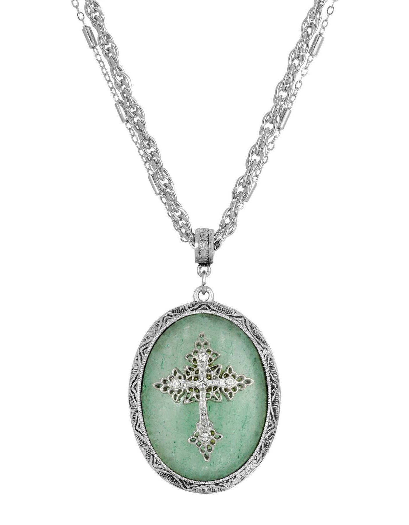 Symbols of Faith Multi Chain Oval Gemstone & Cross Pendant Necklace 18" + 3" Extender